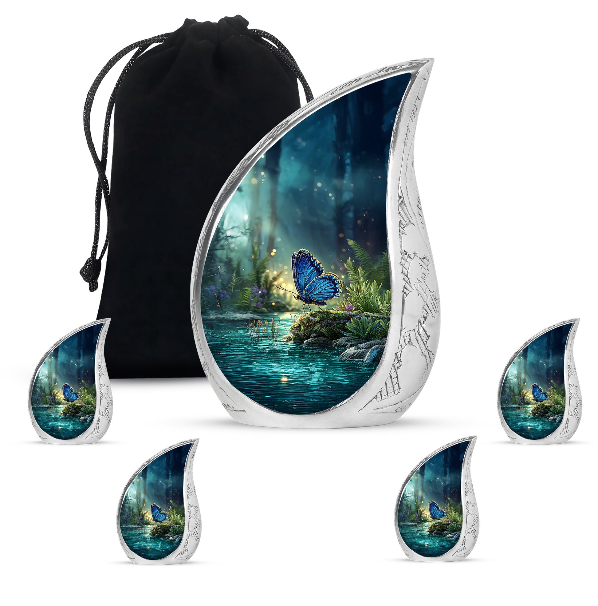 Misty Blue Butterfly Cremation Urn side profile showing urn shape - flowing teardrop butterfly silhouette on curved aluminum - memorial set with one large and four small urns