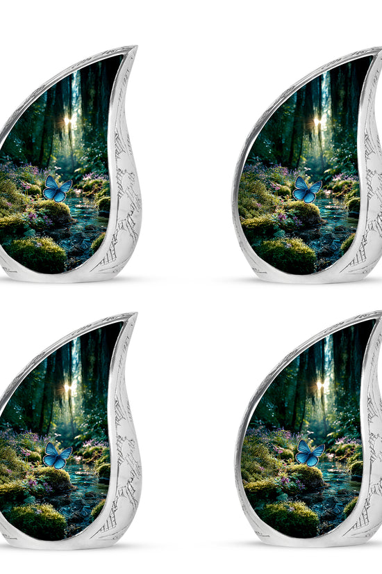 Hunter Green Butterfly Cremation Urn close-up of engraving and surface detail - smooth teardrop contour featuring butterfly art - 10 inch aluminum urn for cremated remains