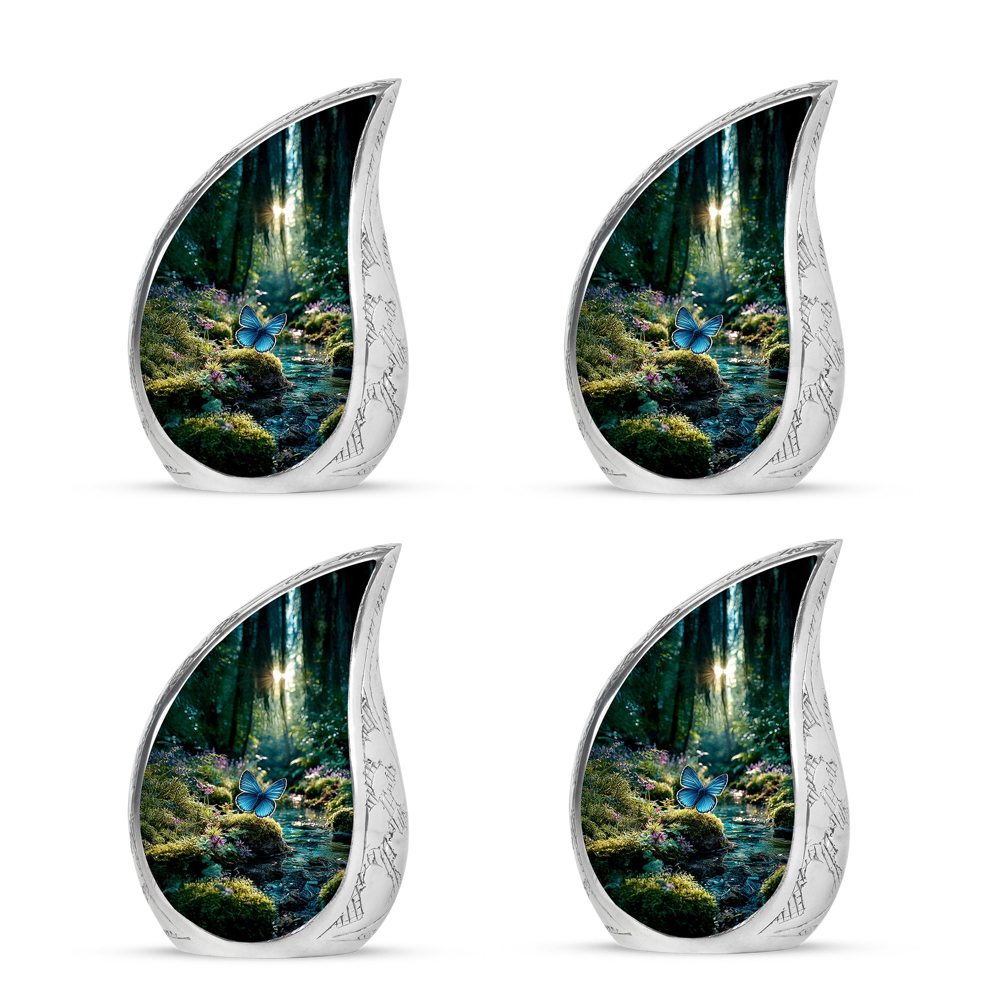 Hunter Green Butterfly Cremation Urn close-up of engraving and surface detail - smooth teardrop contour featuring butterfly art - 10 inch aluminum urn for cremated remains