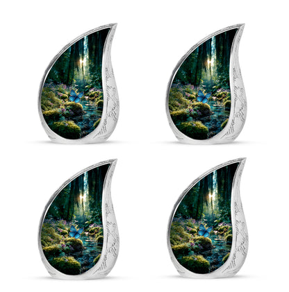 Hunter Green Butterfly Cremation Urn close-up of engraving and surface detail - smooth teardrop contour featuring butterfly art - 10 inch aluminum urn for cremated remains