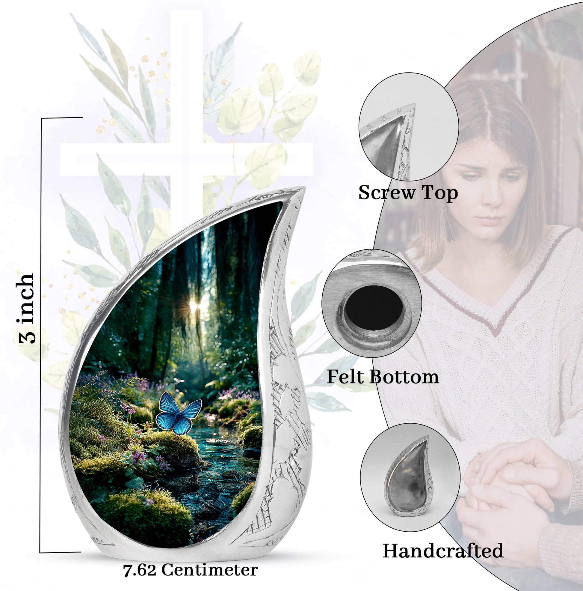 Mint Green Butterfly Cremation Urn angled view of lid and engraved motif - graceful tear-shaped urn with butterfly motif - mini keepsake memorial for portion of cremation ashes