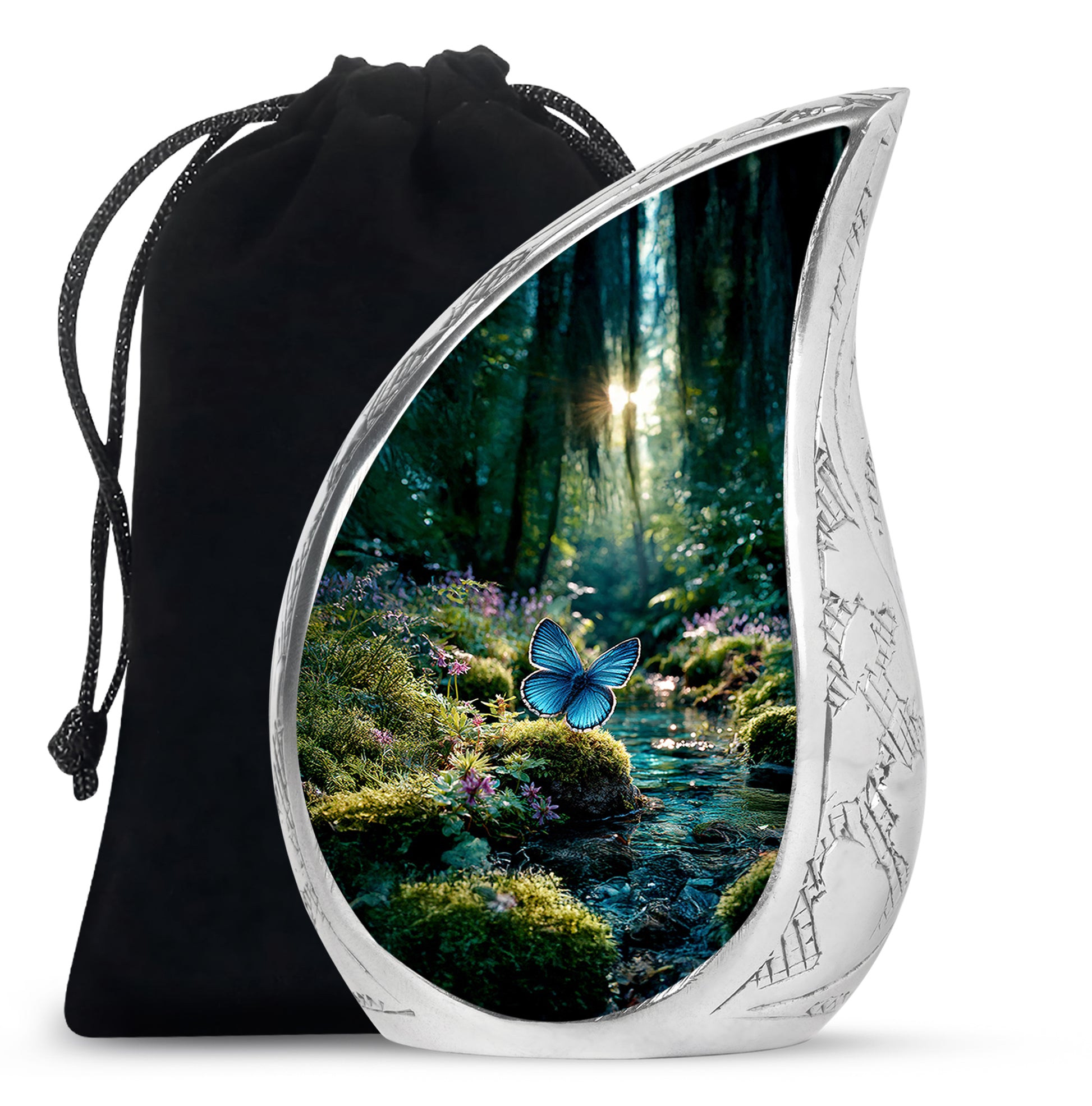 Moss Green Butterfly Cremation Urn front view showing detailed design - flowing teardrop butterfly silhouette on curved aluminum - full-size 10 inch 200 cubic inch adult cremation urn