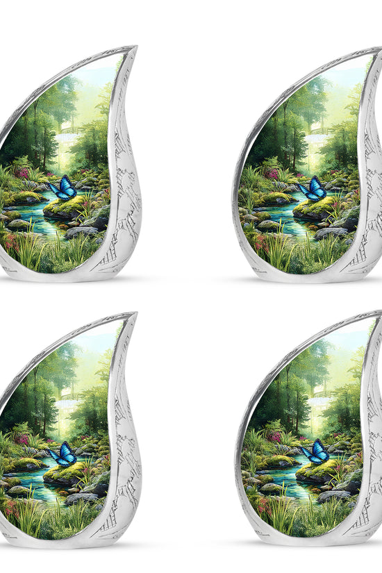Hunter Green Butterfly Cremation Urn close-up of engraving and surface detail - graceful tear-shaped urn with butterfly motif - 10 inch aluminum urn for cremated remains