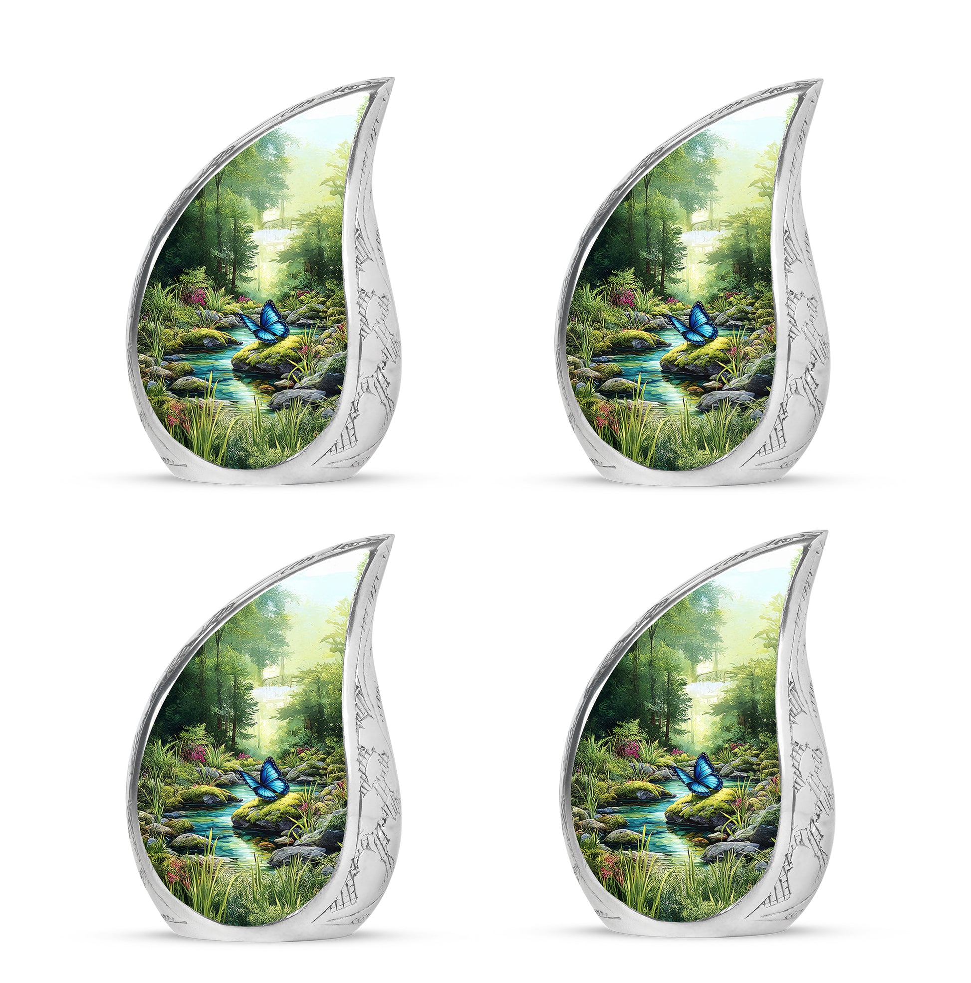 Hunter Green Butterfly Cremation Urn close-up of engraving and surface detail - graceful tear-shaped urn with butterfly motif - 10 inch aluminum urn for cremated remains