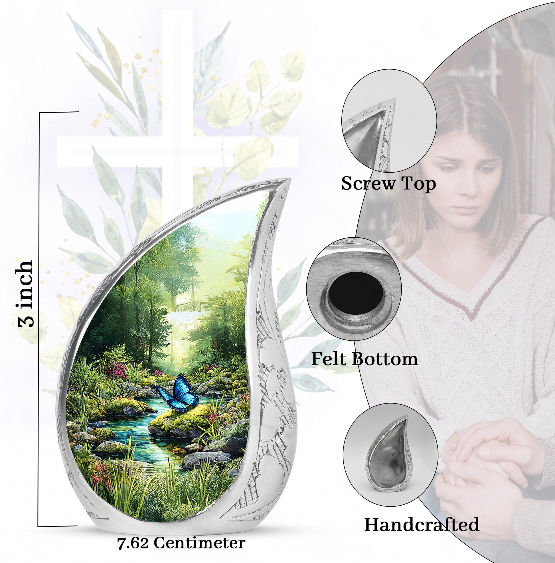Jade Green Butterfly Cremation Urn angled view of lid and engraved motif - flowing teardrop butterfly silhouette on curved aluminum - mini keepsake memorial for portion of cremation ashes