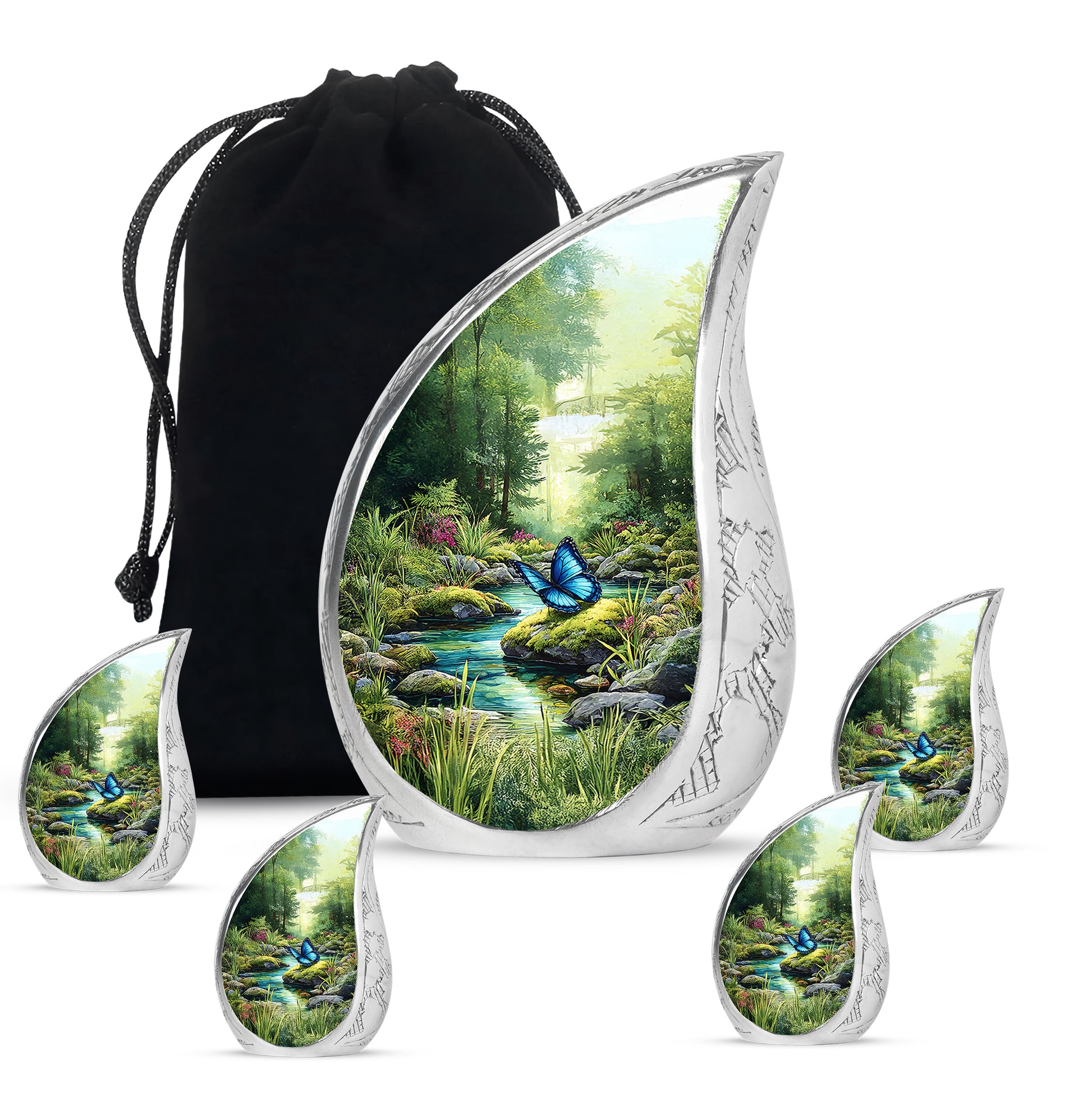 Moss Green Butterfly Cremation Urn side profile showing urn shape - flowing teardrop butterfly silhouette on curved aluminum - memorial set with one large and four small urns