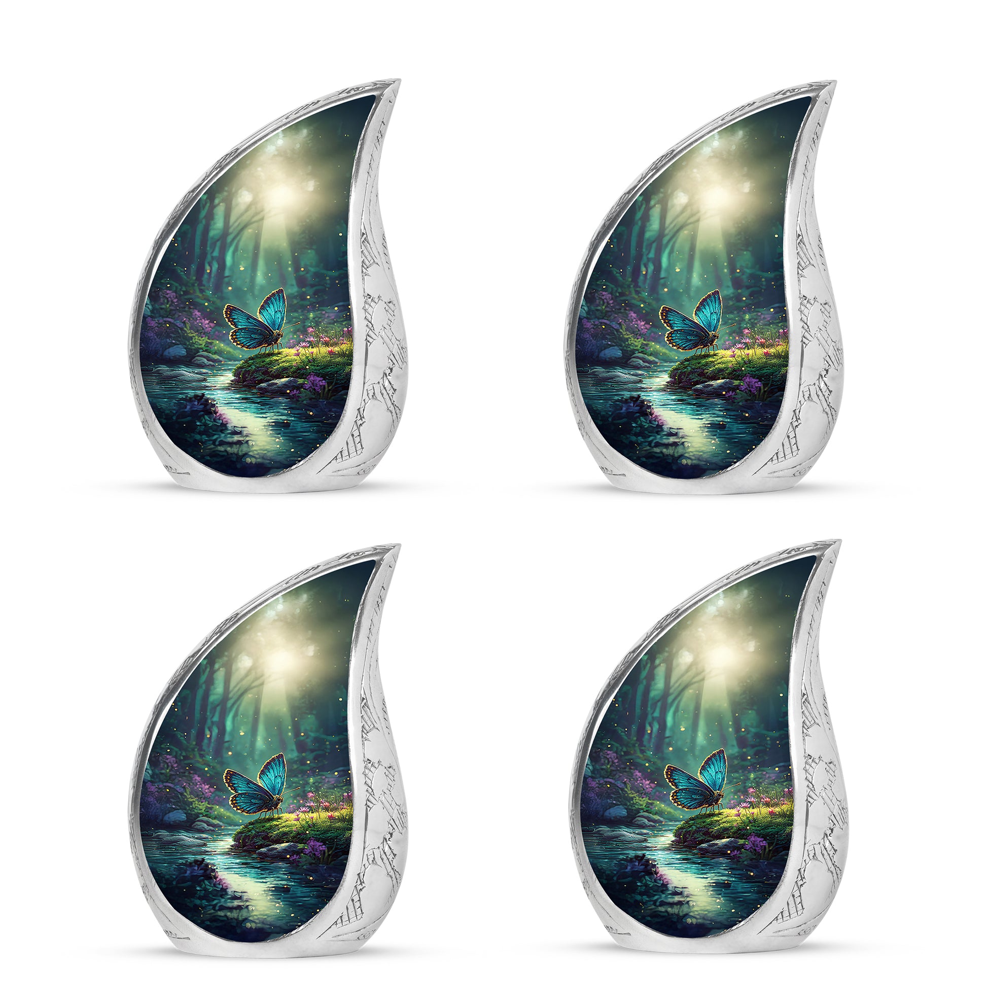 Jewel Teal Butterfly Cremation Urn close-up of engraving and surface detail - rounded teardrop butterfly design with delicate detail - 10 inch aluminum urn for cremated remains