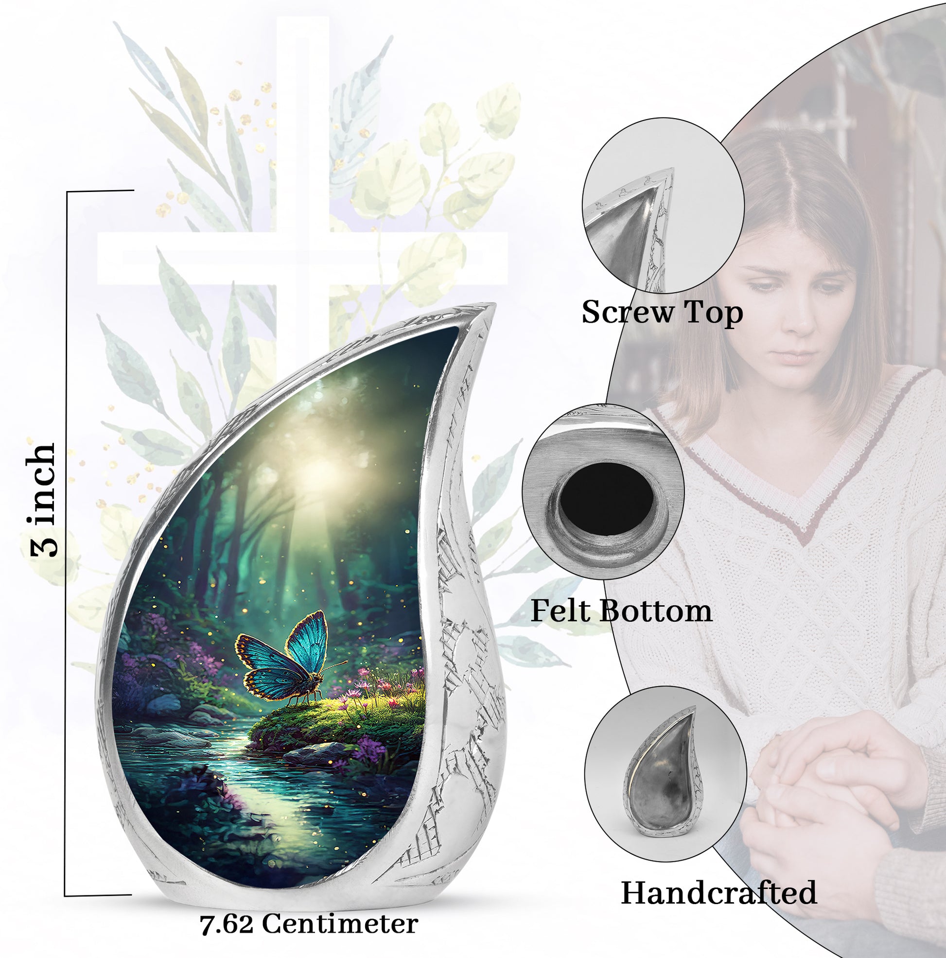 Ocean Teal Butterfly Cremation Urn angled view of lid and engraved motif - rounded teardrop butterfly design with delicate detail - mini keepsake memorial for portion of cremation ashes