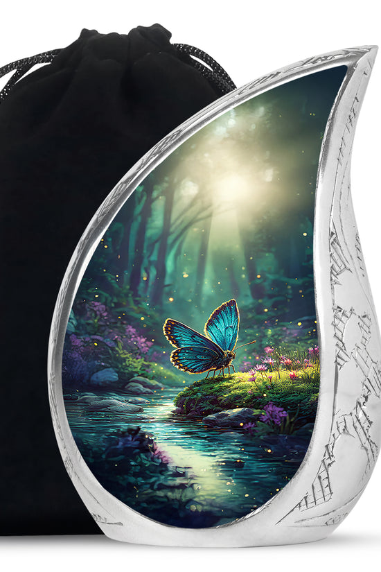 Deep Teal Butterfly Cremation Urn front view showing detailed design - smooth teardrop contour featuring butterfly art - full-size 10 inch 200 cubic inch adult cremation urn