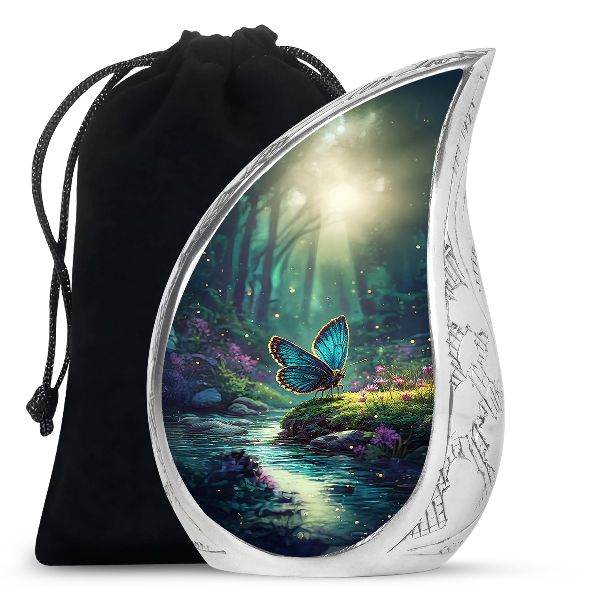 Deep Teal Butterfly Cremation Urn front view showing detailed design - smooth teardrop contour featuring butterfly art - full-size 10 inch 200 cubic inch adult cremation urn