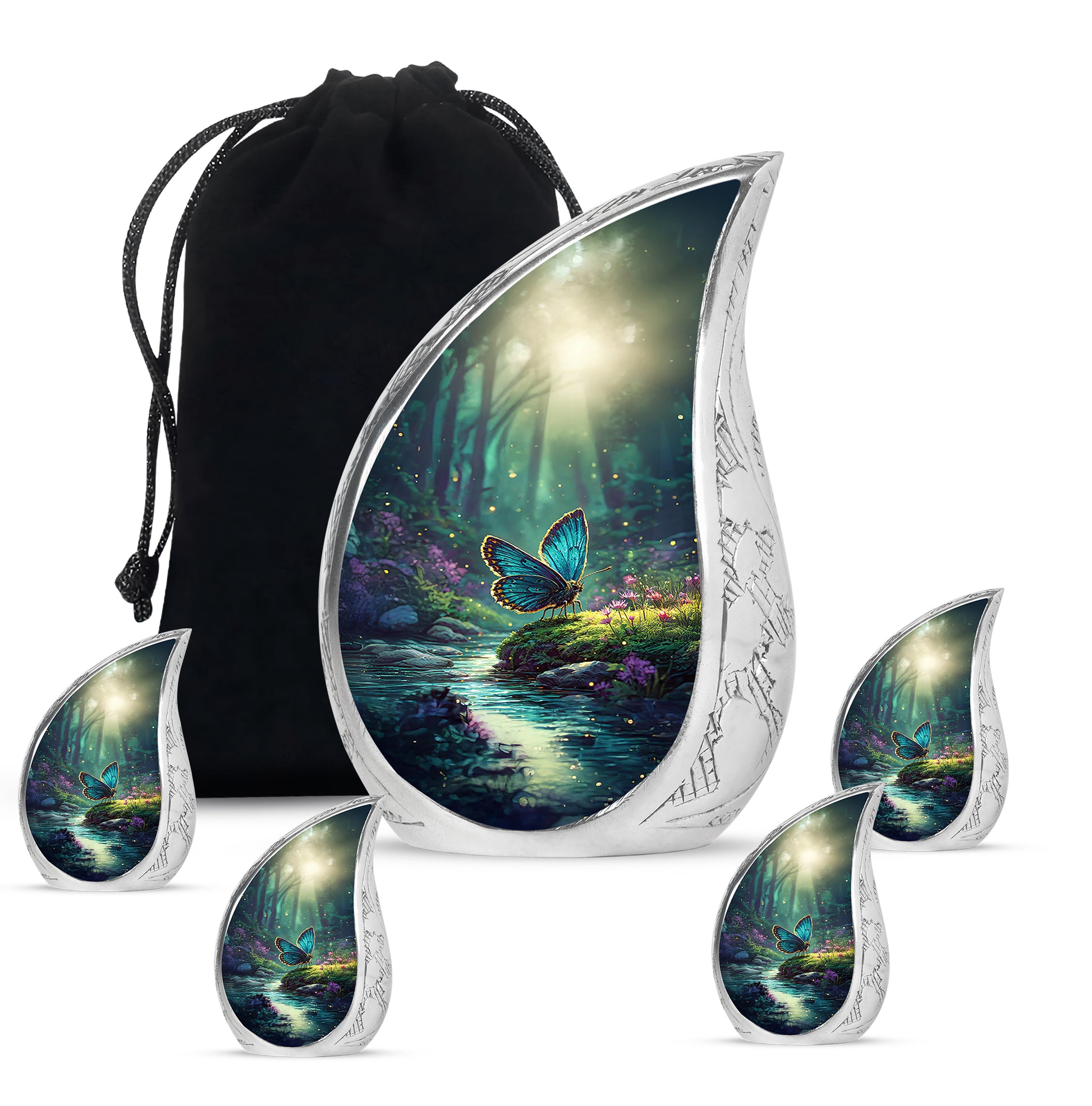 Ocean Teal Butterfly Cremation Urn side profile showing urn shape - rounded teardrop butterfly design with delicate detail - memorial set with one large and four small urns