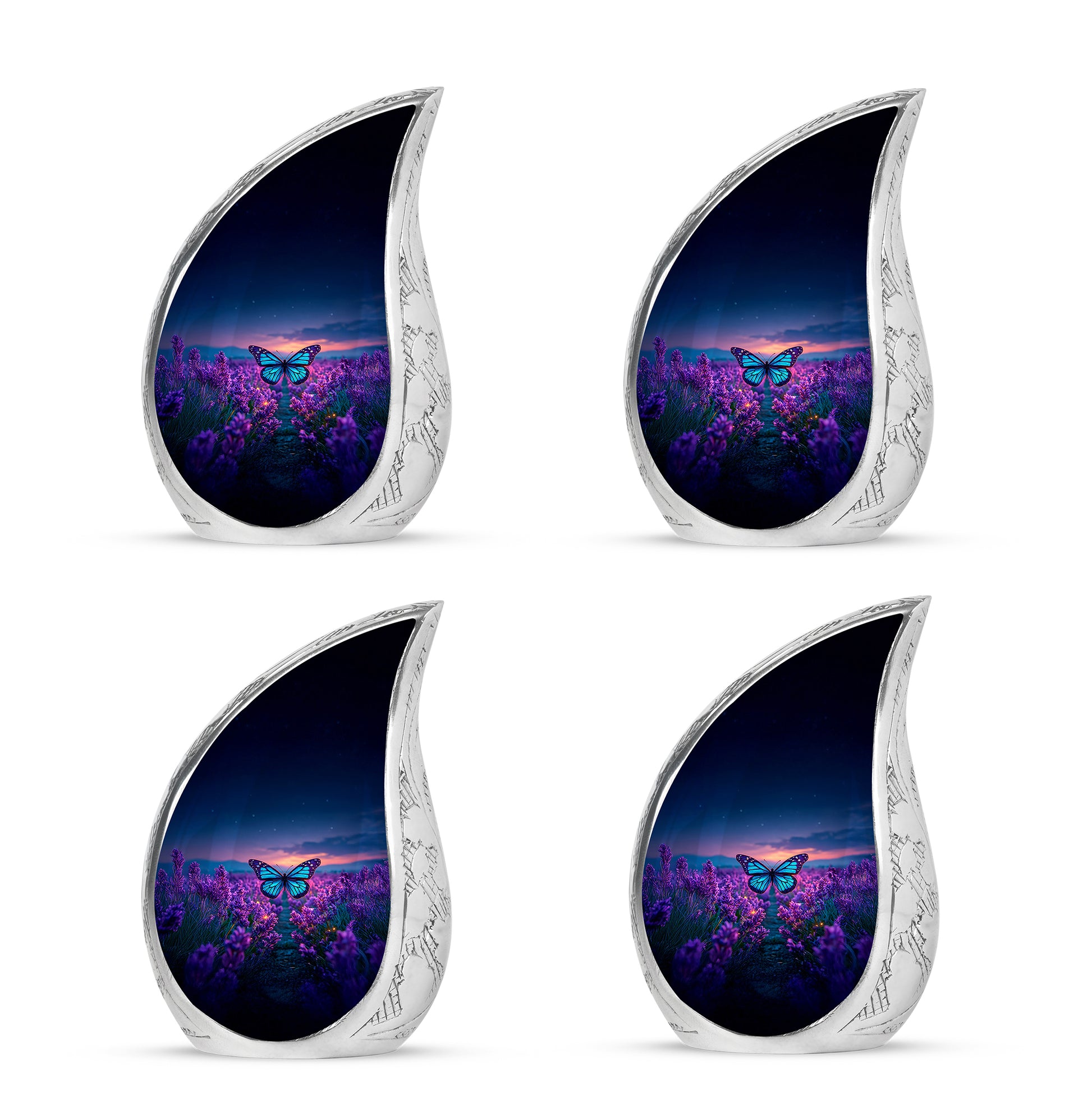 Cobalt Blue Butterfly Cremation Urn close-up of engraving and surface detail - smooth teardrop contour featuring butterfly art - 10 inch aluminum urn for cremated remains