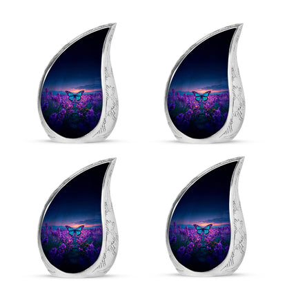 Cobalt Blue Butterfly Cremation Urn close-up of engraving and surface detail - smooth teardrop contour featuring butterfly art - 10 inch aluminum urn for cremated remains