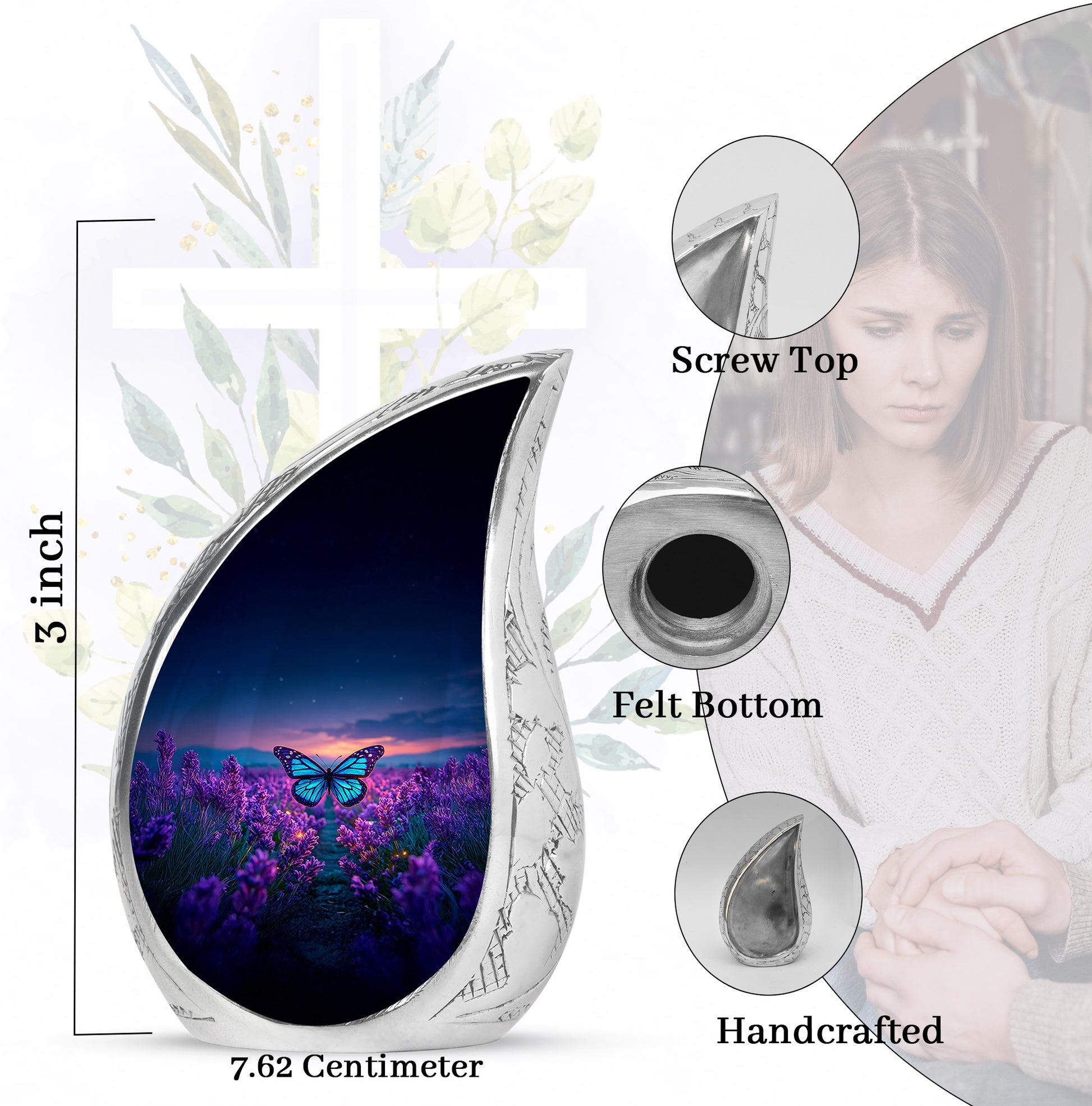 Sapphire Blue Butterfly Cremation Urn angled view of lid and engraved motif - smooth teardrop contour featuring butterfly art - mini keepsake memorial for portion of cremation ashes