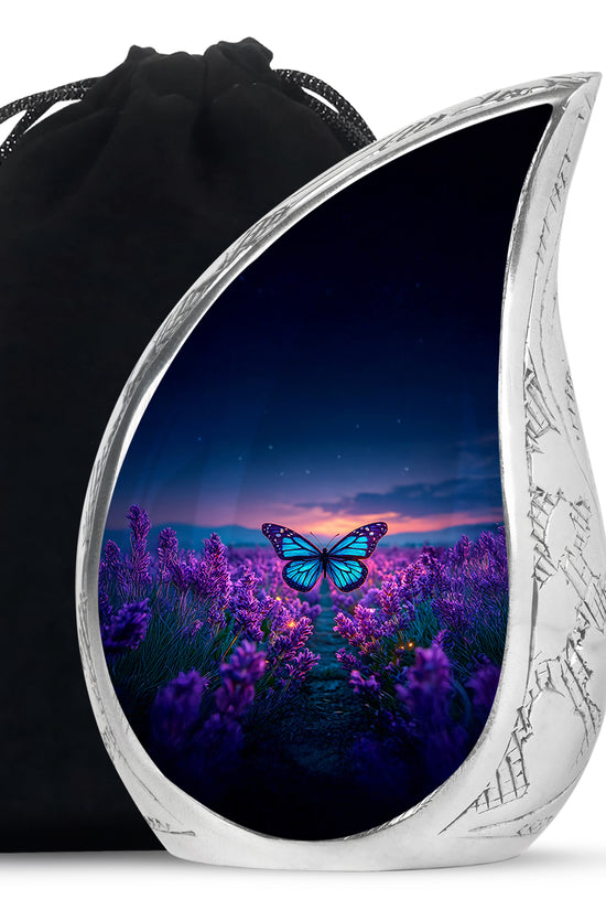 Icy Blue Butterfly Cremation Urn front view showing detailed design - rounded teardrop butterfly design with delicate detail - full-size 10 inch 200 cubic inch adult cremation urn