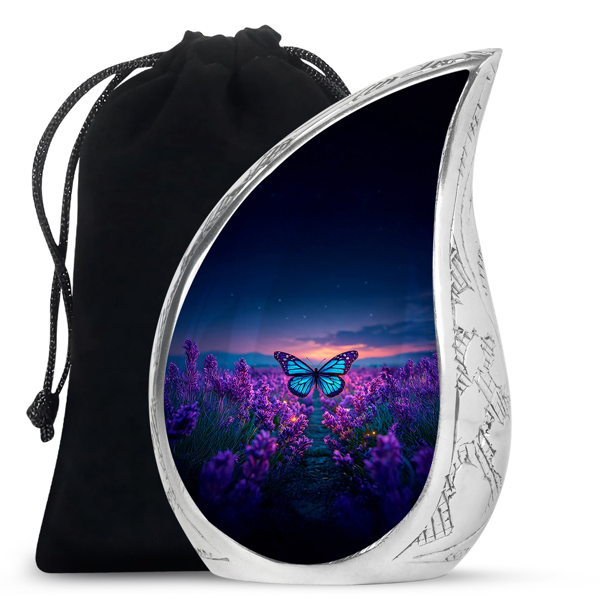 Icy Blue Butterfly Cremation Urn front view showing detailed design - rounded teardrop butterfly design with delicate detail - full-size 10 inch 200 cubic inch adult cremation urn