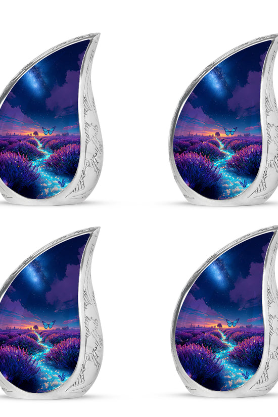 Powder Blue Butterfly Cremation Urn close-up of engraving and surface detail - flowing teardrop butterfly silhouette on curved aluminum - 10 inch aluminum urn for cremated remains
