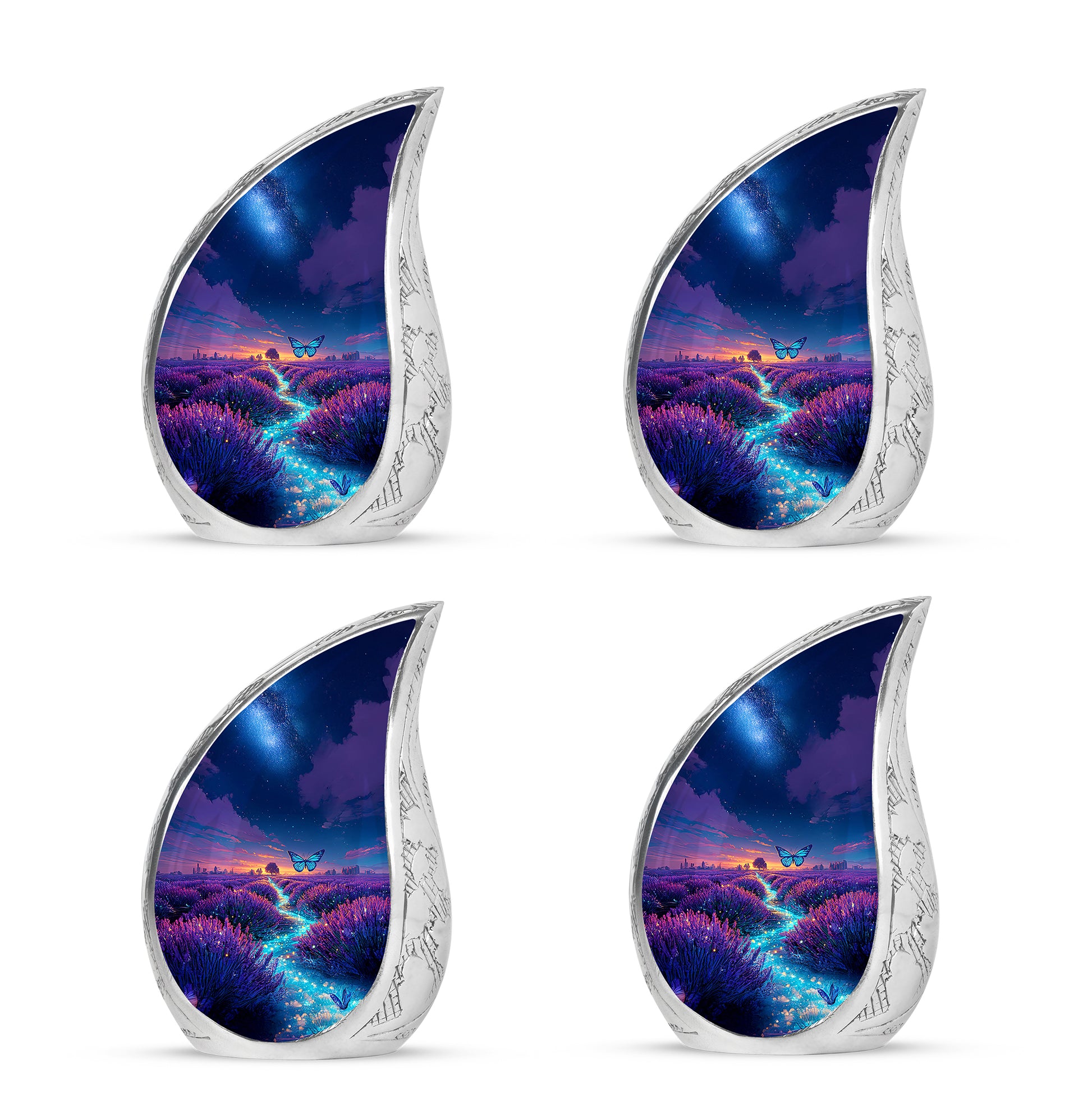 Powder Blue Butterfly Cremation Urn close-up of engraving and surface detail - flowing teardrop butterfly silhouette on curved aluminum - 10 inch aluminum urn for cremated remains