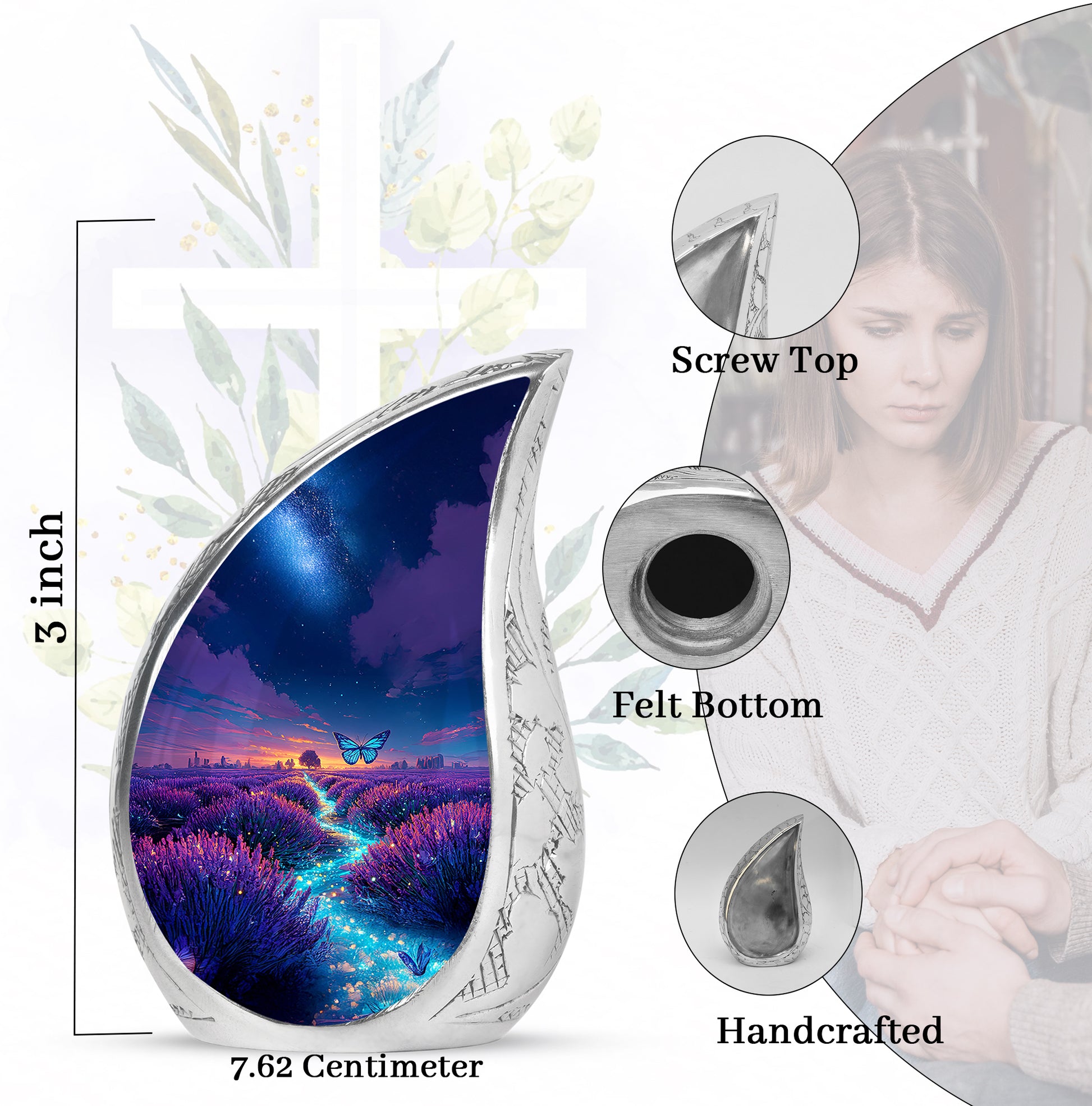 Sapphire Blue Butterfly Cremation Urn angled view of lid and engraved motif - smooth teardrop contour featuring butterfly art - mini keepsake memorial for portion of cremation ashes