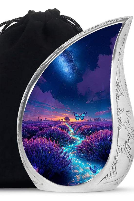 Vivid Blue Butterfly Cremation Urn front view showing detailed design - graceful tear-shaped urn with butterfly motif - full-size 10 inch 200 cubic inch adult cremation urn