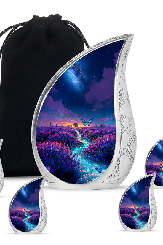 Vivid Blue Butterfly Cremation Urn side profile showing urn shape - smooth teardrop contour featuring butterfly art - memorial set with one large and four small urns