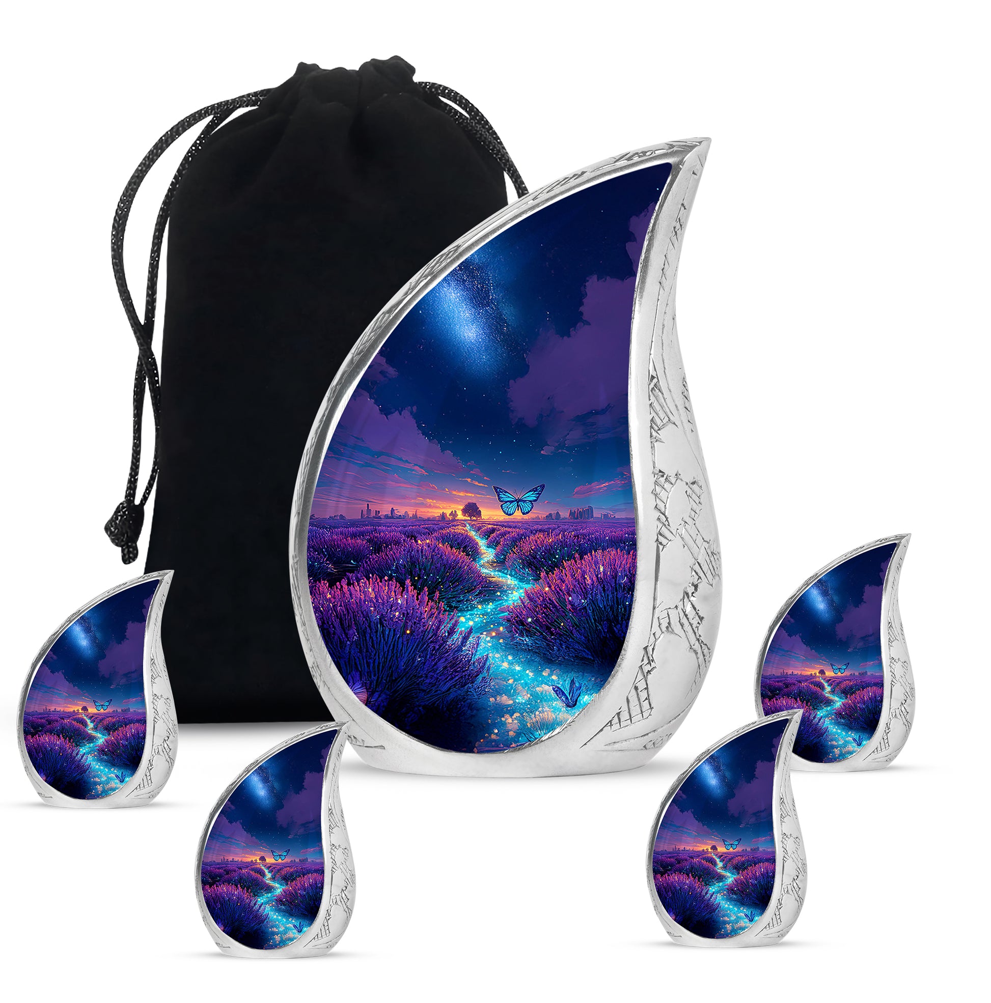 Vivid Blue Butterfly Cremation Urn side profile showing urn shape - smooth teardrop contour featuring butterfly art - memorial set with one large and four small urns