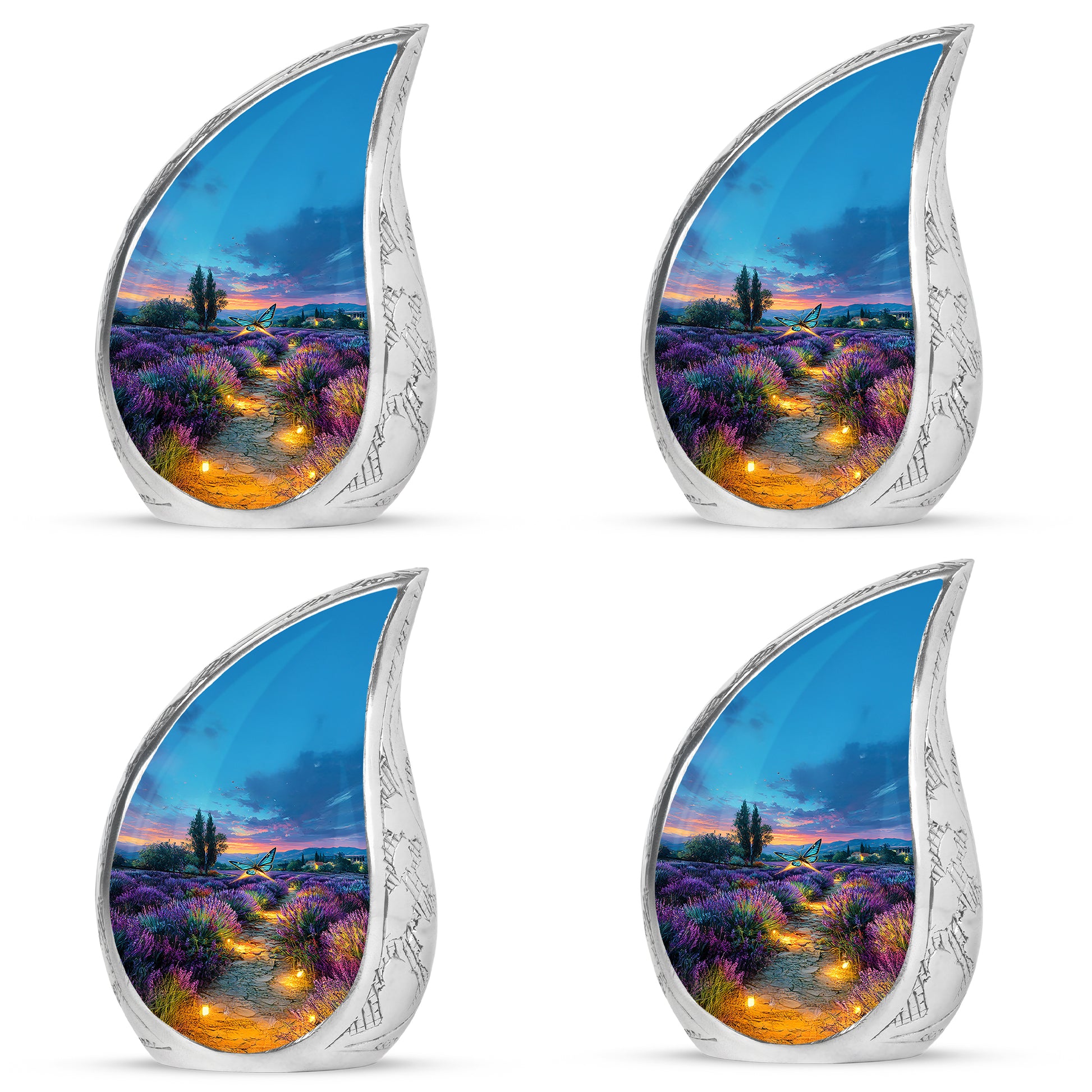 Pastel Blue Butterfly Cremation Urn close-up of engraving and surface detail - rounded teardrop butterfly design with delicate detail - 10 inch aluminum urn for cremated remains