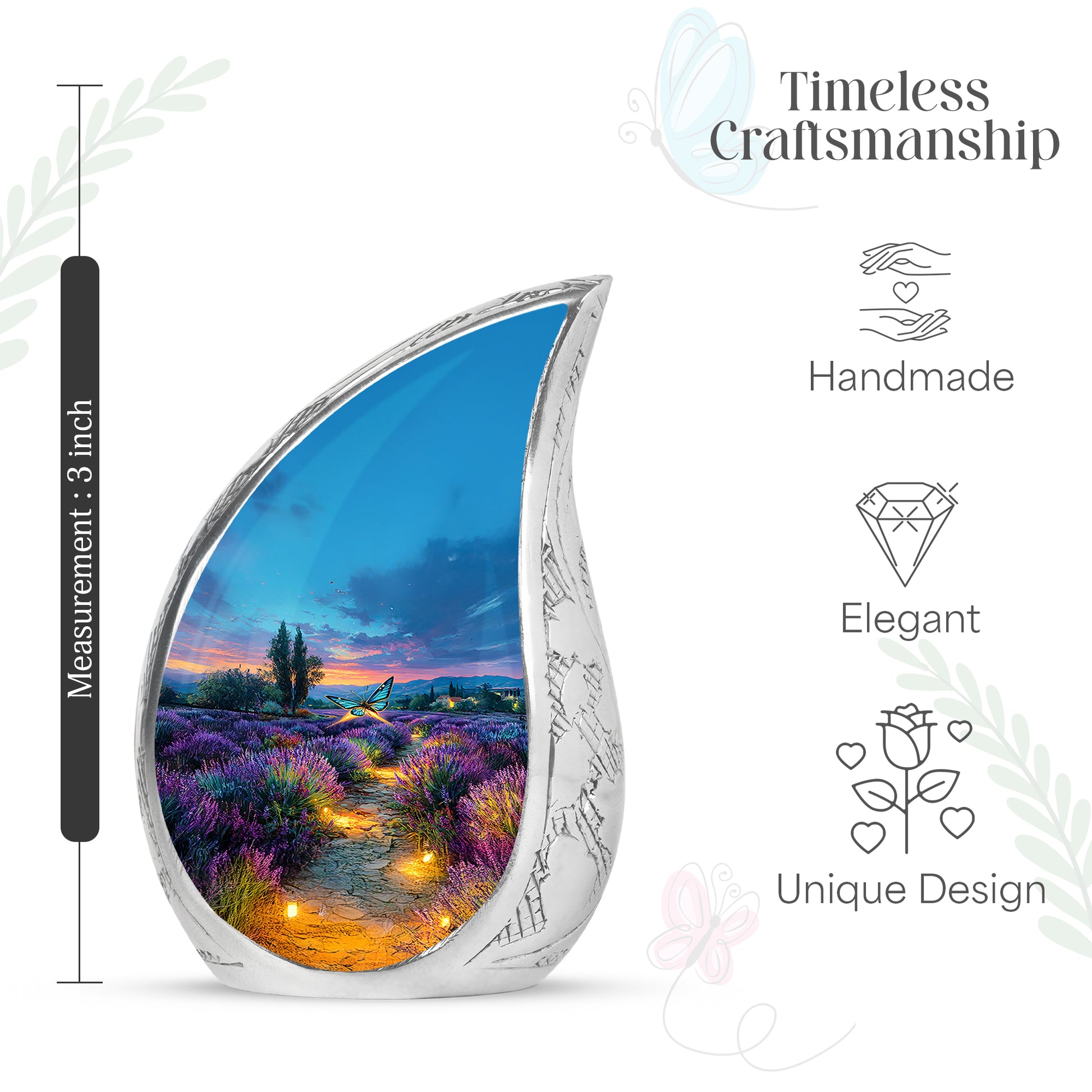 Steel Blue Butterfly Cremation Urn angled view of lid and engraved motif - smooth teardrop contour featuring butterfly art - mini keepsake memorial for portion of cremation ashes
