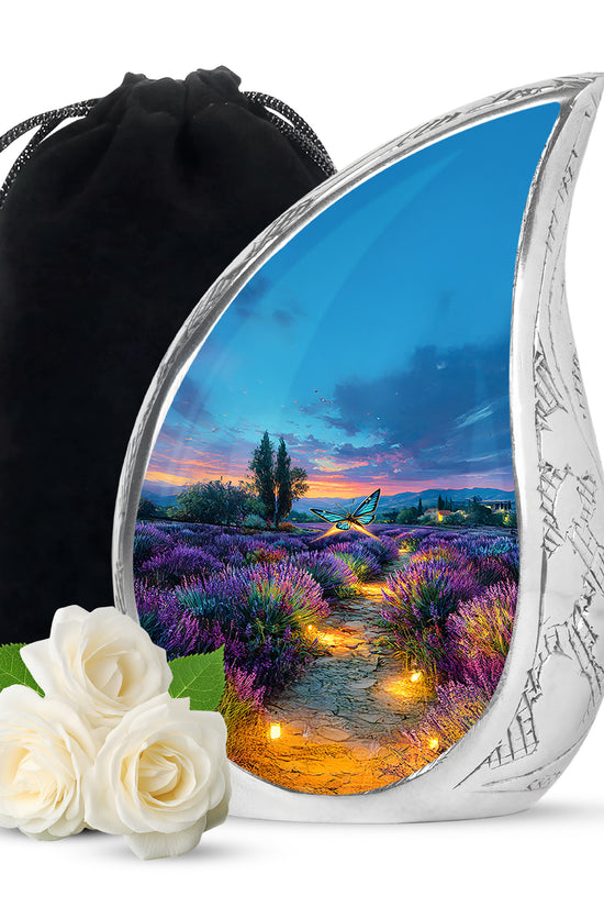 Azure Butterfly Cremation Urn front view showing detailed design - rounded teardrop butterfly design with delicate detail - full-size 10 inch 200 cubic inch adult cremation urn