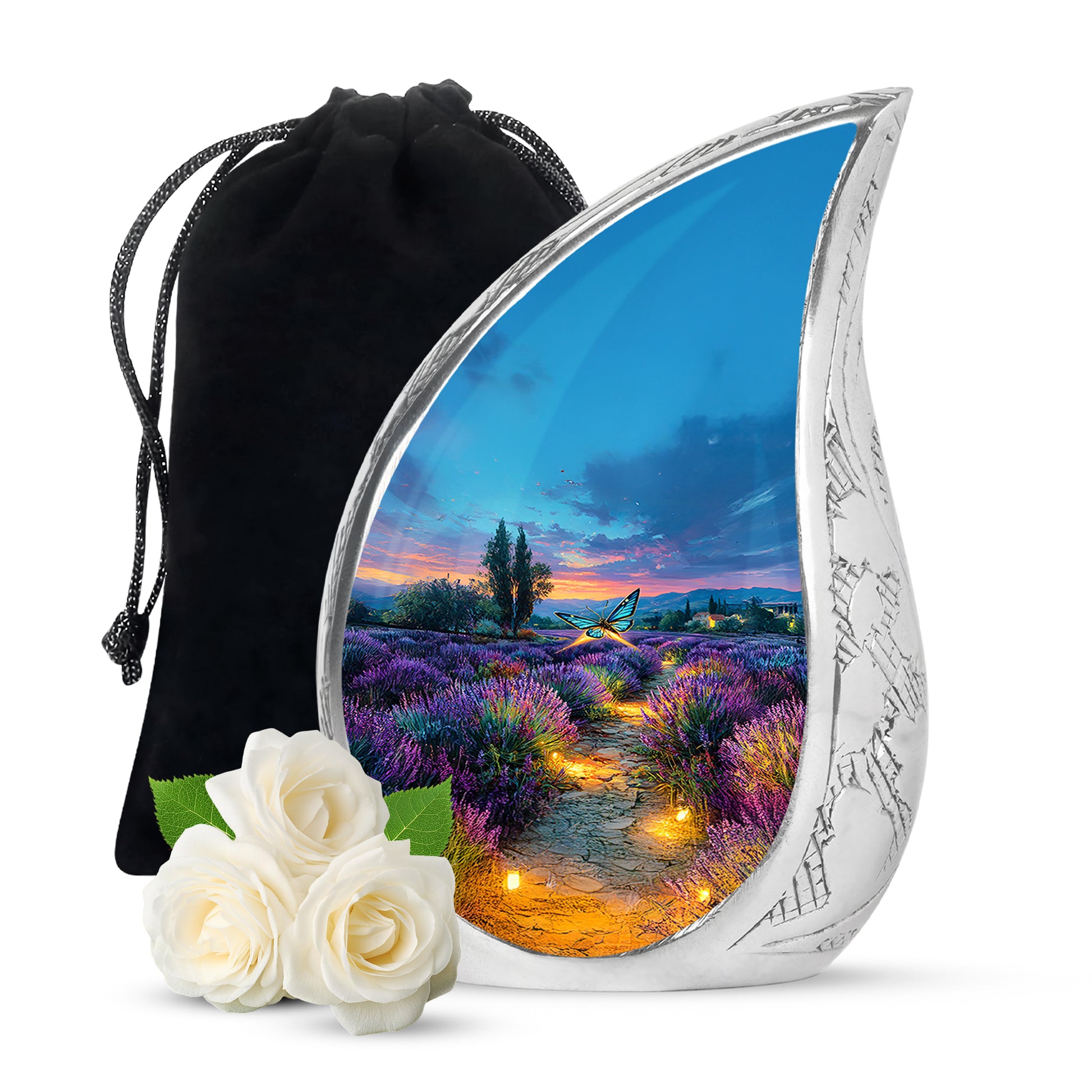 Azure Butterfly Cremation Urn front view showing detailed design - rounded teardrop butterfly design with delicate detail - full-size 10 inch 200 cubic inch adult cremation urn