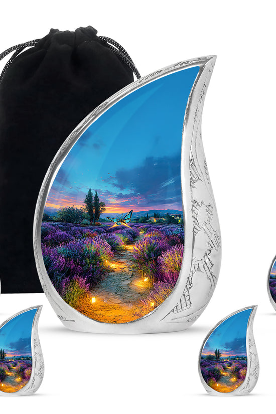 Powder Blue Butterfly Cremation Urn side profile showing urn shape - rounded teardrop butterfly design with delicate detail - memorial set with one large and four small urns