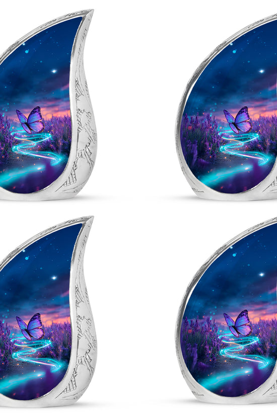 Cobalt Blue Butterfly Cremation Urn close-up of engraving and surface detail - graceful tear-shaped urn with butterfly motif - 10 inch aluminum urn for cremated remains