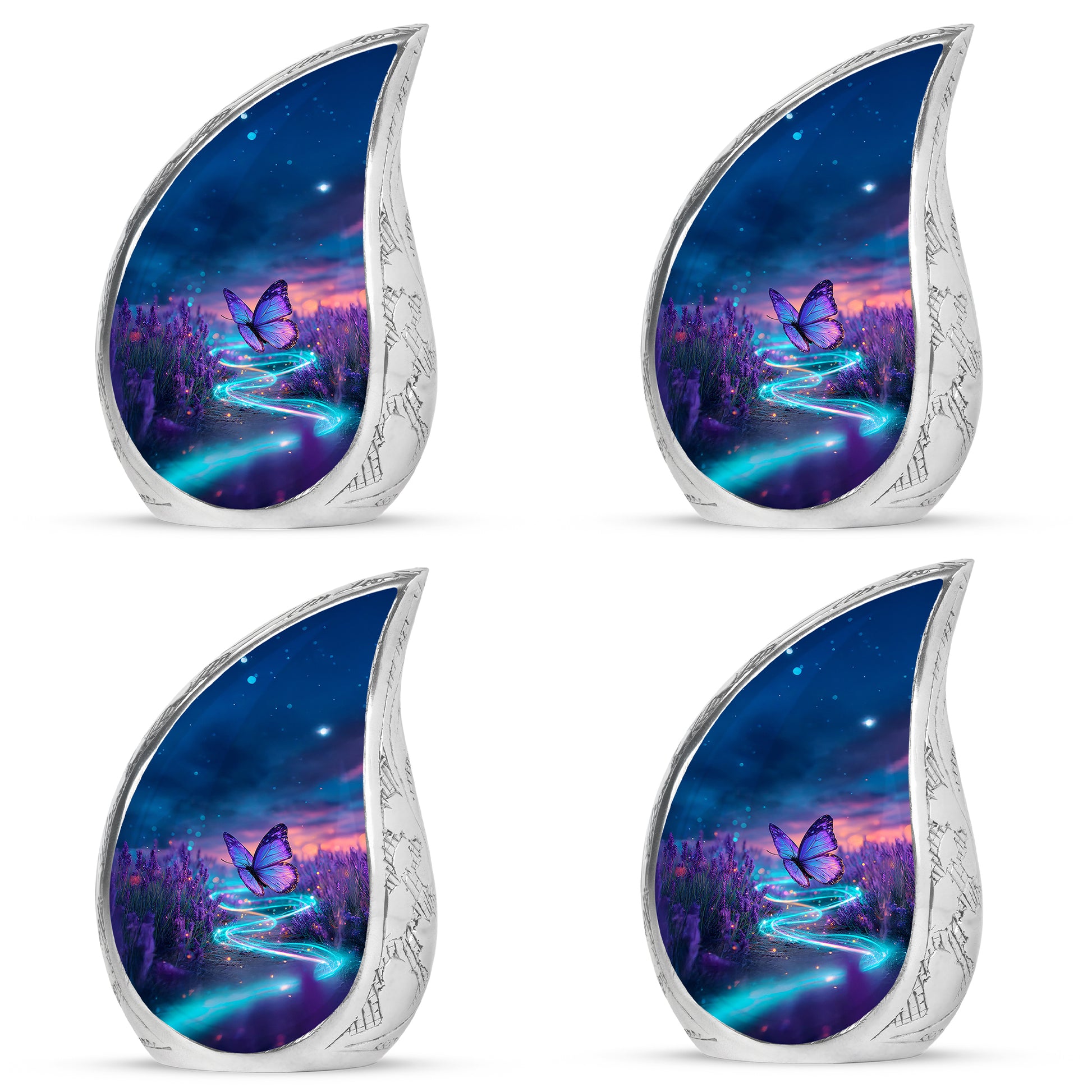 Cobalt Blue Butterfly Cremation Urn close-up of engraving and surface detail - graceful tear-shaped urn with butterfly motif - 10 inch aluminum urn for cremated remains