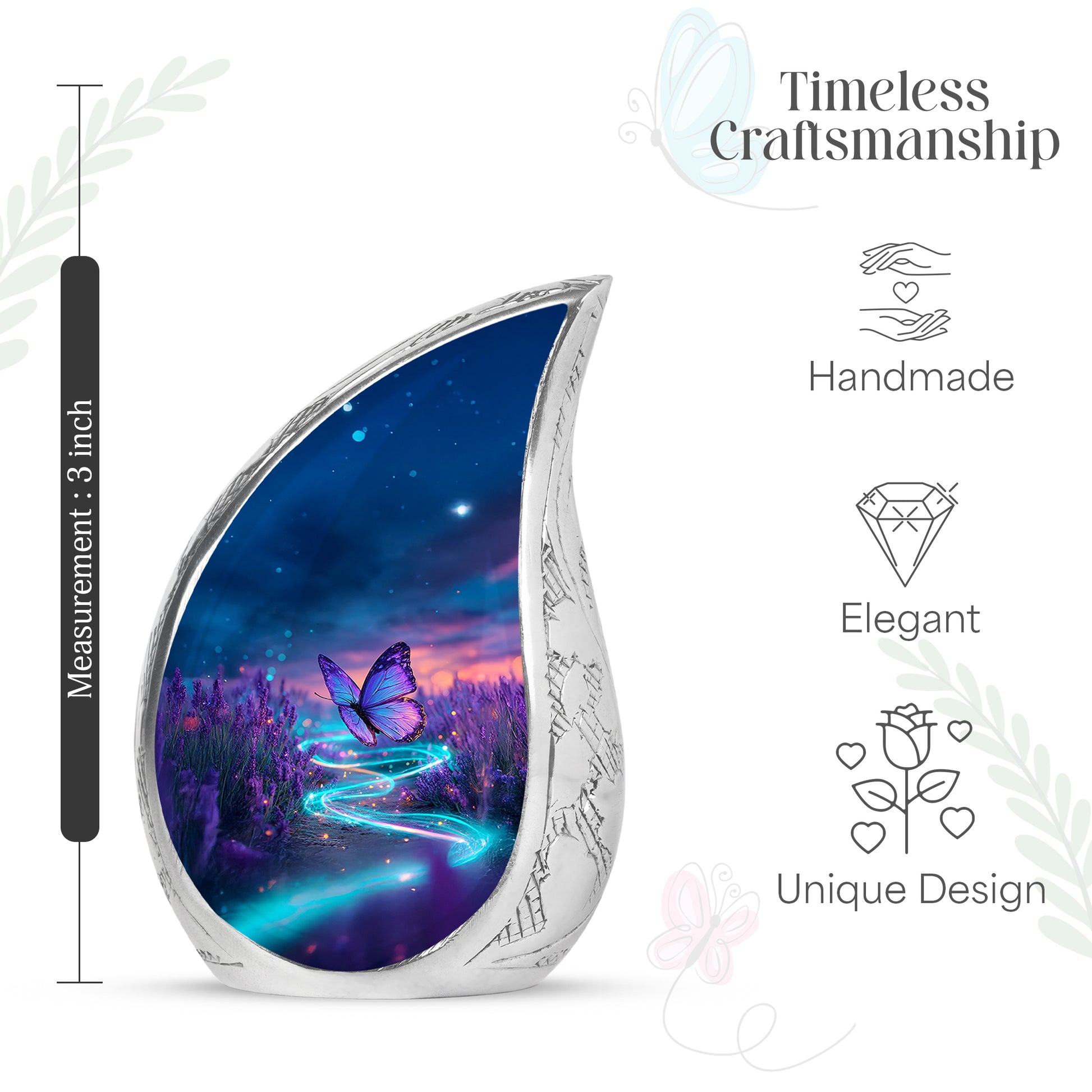 Misty Blue Butterfly Cremation Urn angled view of lid and engraved motif - rounded teardrop butterfly design with delicate detail - mini keepsake memorial for portion of cremation ashes