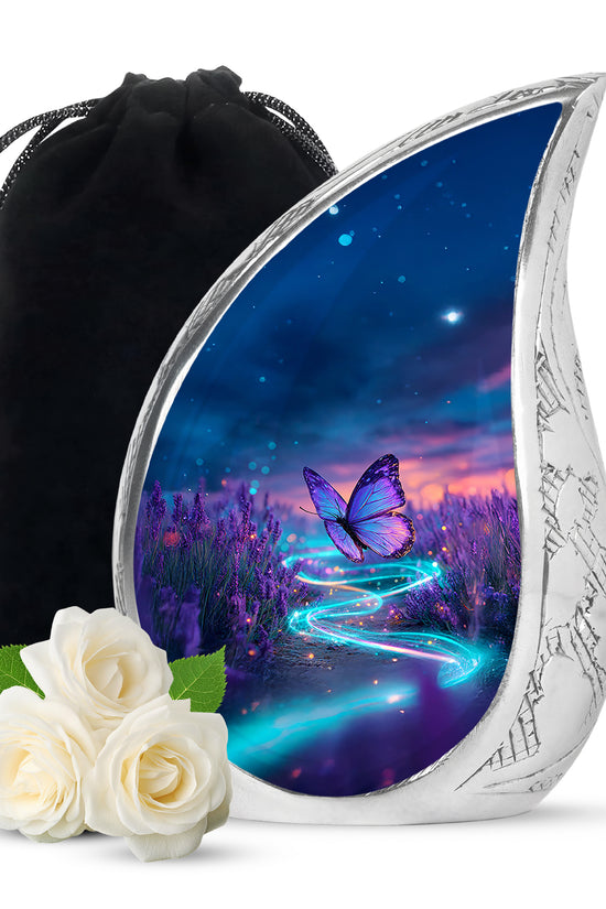 Pastel Blue Butterfly Cremation Urn front view showing detailed design - rounded teardrop butterfly design with delicate detail - full-size 10 inch 200 cubic inch adult cremation urn