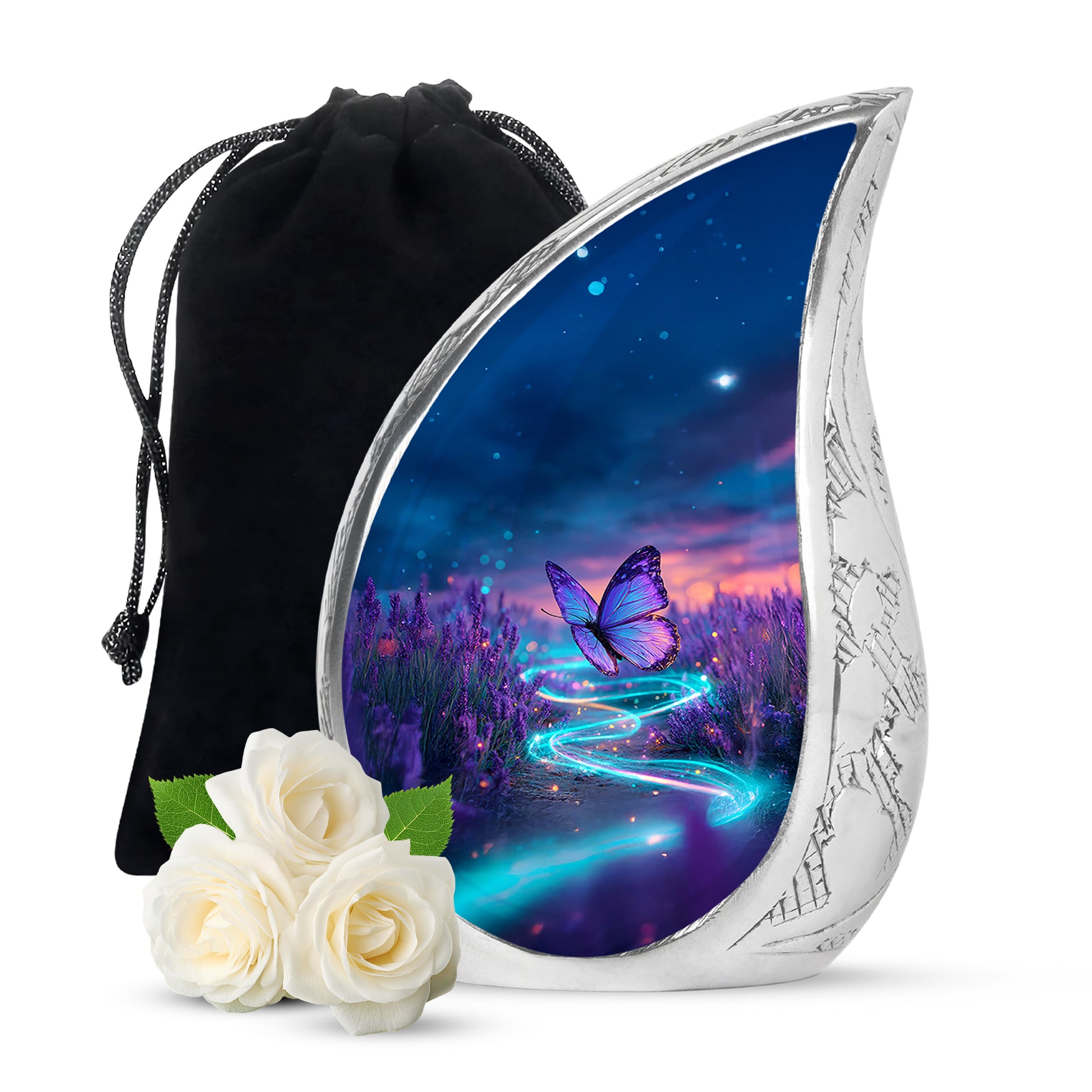 Pastel Blue Butterfly Cremation Urn front view showing detailed design - rounded teardrop butterfly design with delicate detail - full-size 10 inch 200 cubic inch adult cremation urn