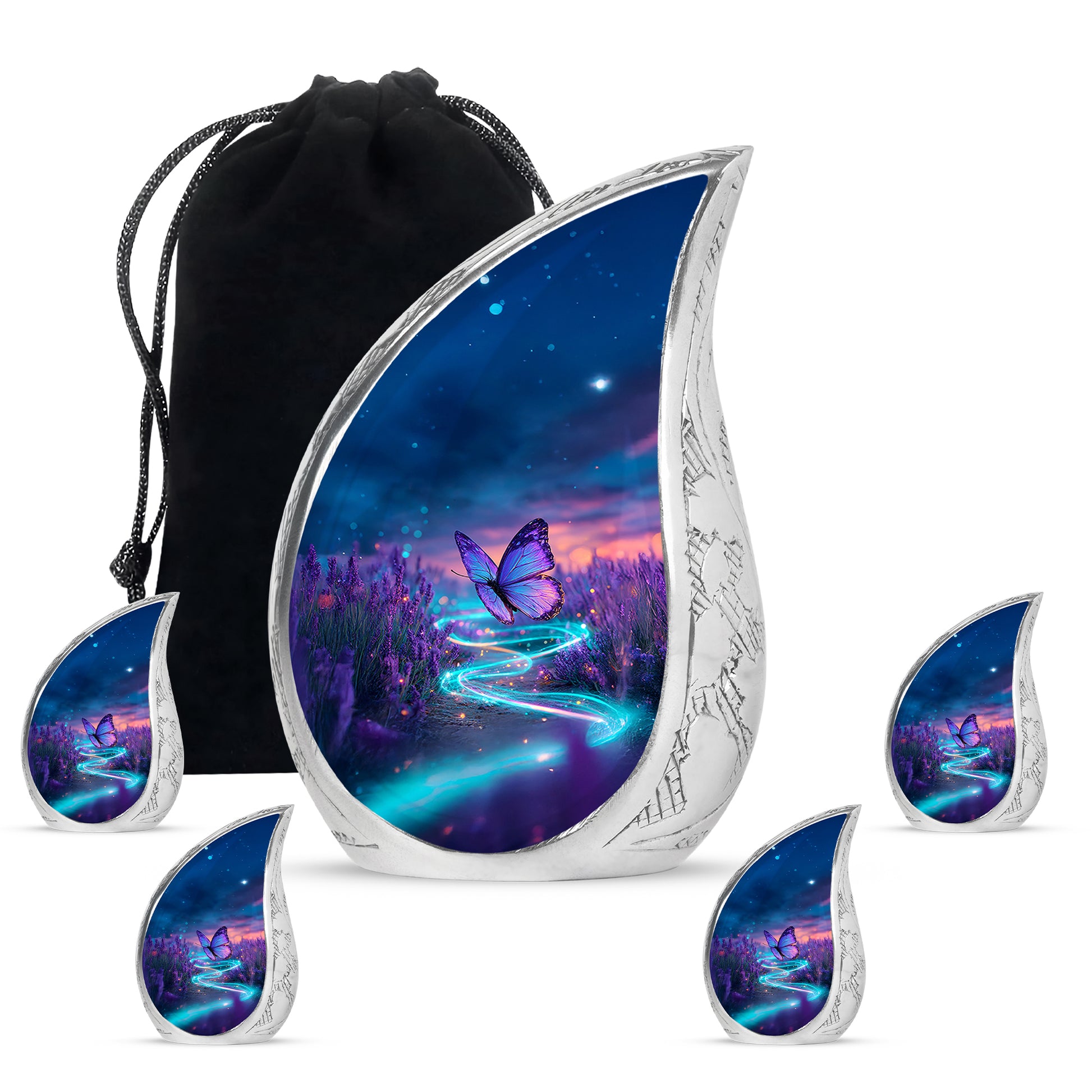 Indigo Butterfly Cremation Urn side profile showing urn shape - rounded teardrop butterfly design with delicate detail - memorial set with one large and four small urns