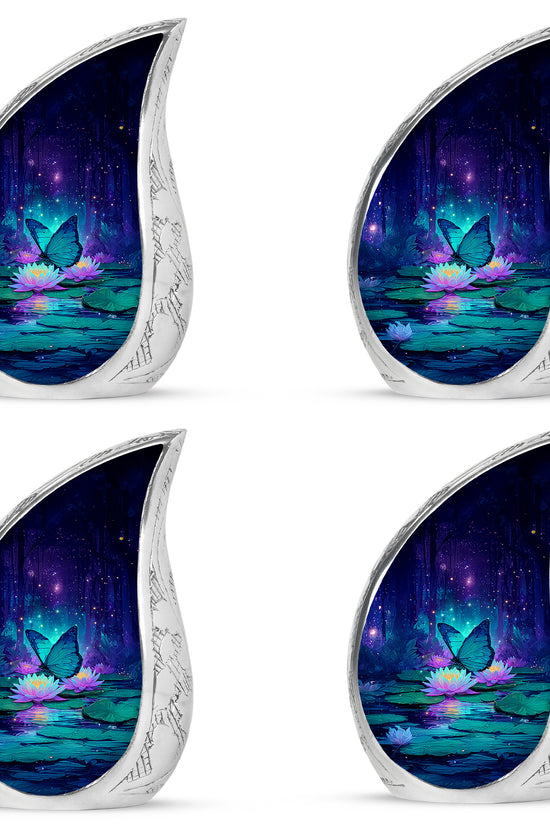Steel Blue Butterfly Cremation Urn close-up of engraving and surface detail - smooth teardrop contour featuring butterfly art - 10 inch aluminum urn for cremated remains