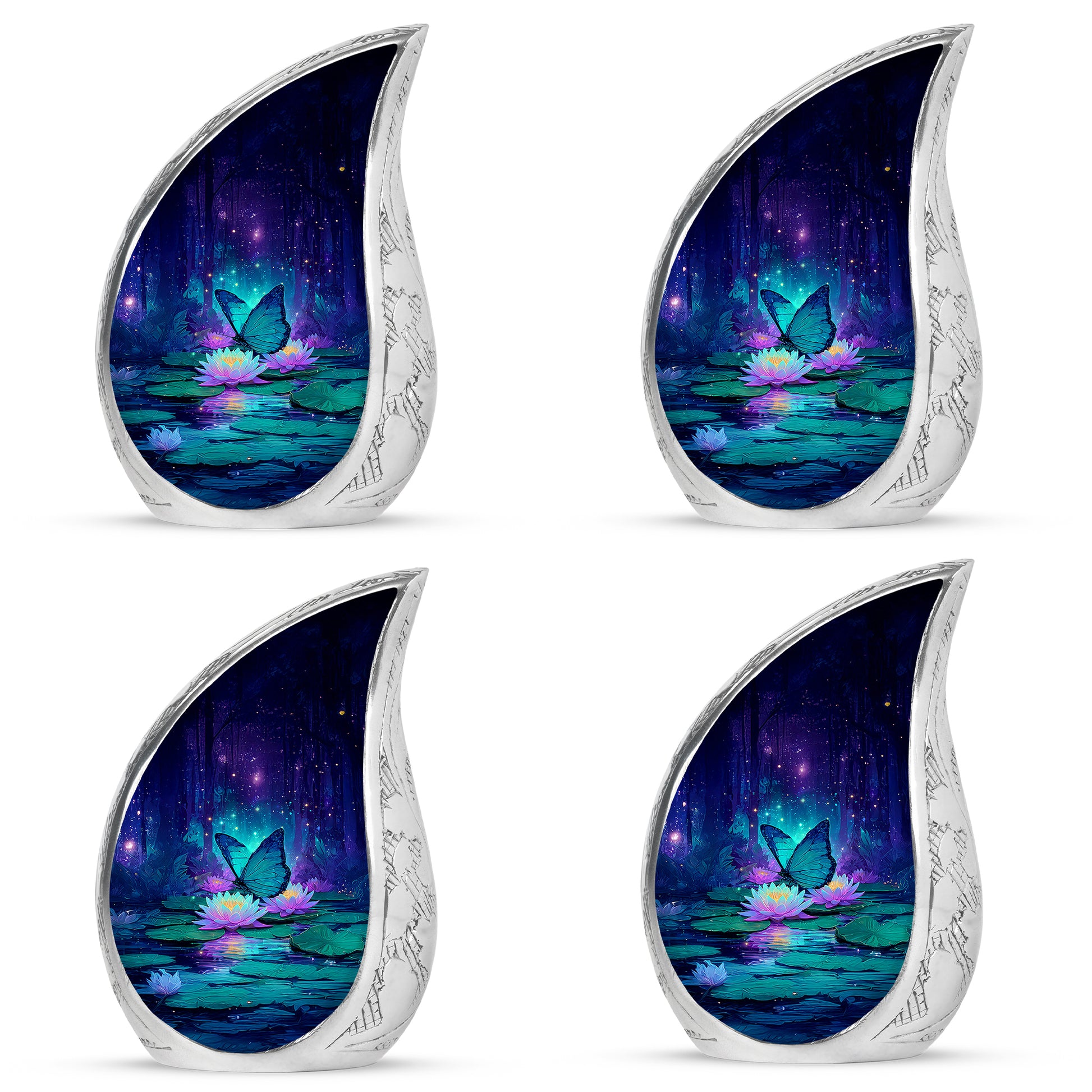 Steel Blue Butterfly Cremation Urn close-up of engraving and surface detail - smooth teardrop contour featuring butterfly art - 10 inch aluminum urn for cremated remains