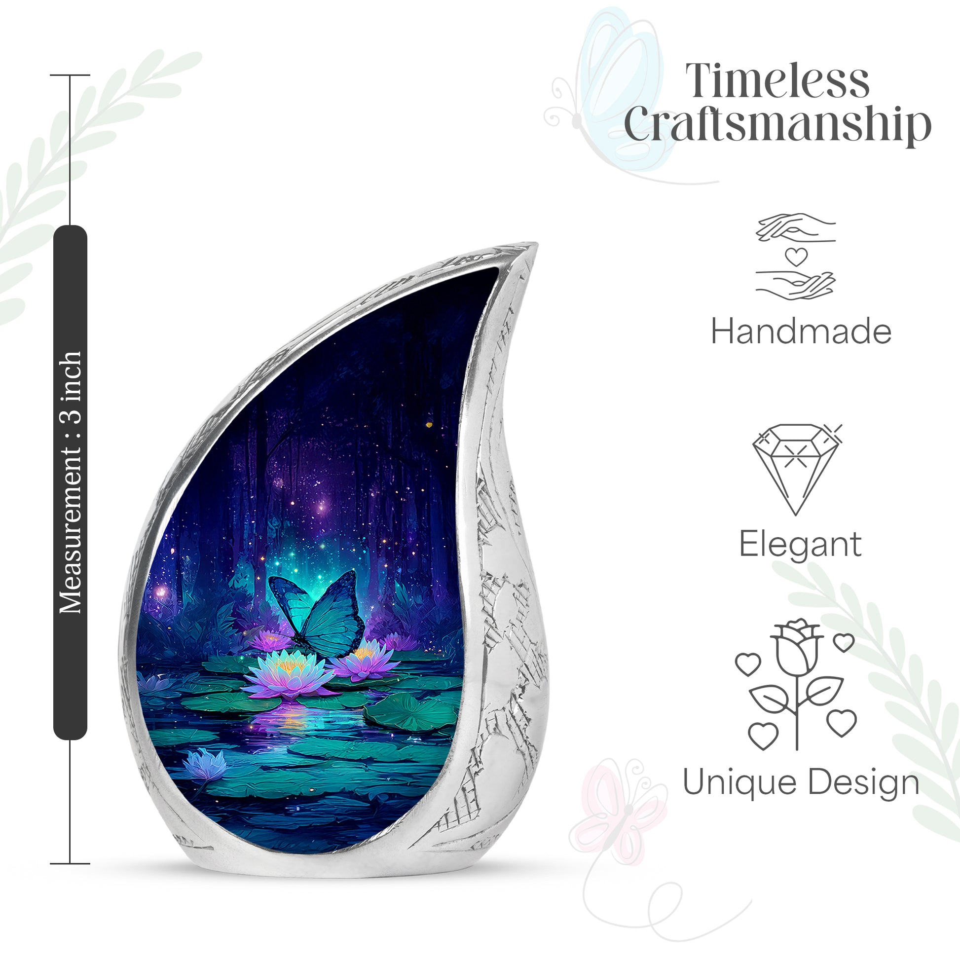 Powder Blue Butterfly Cremation Urn angled view of lid and engraved motif - flowing teardrop butterfly silhouette on curved aluminum - mini keepsake memorial for portion of cremation ashes