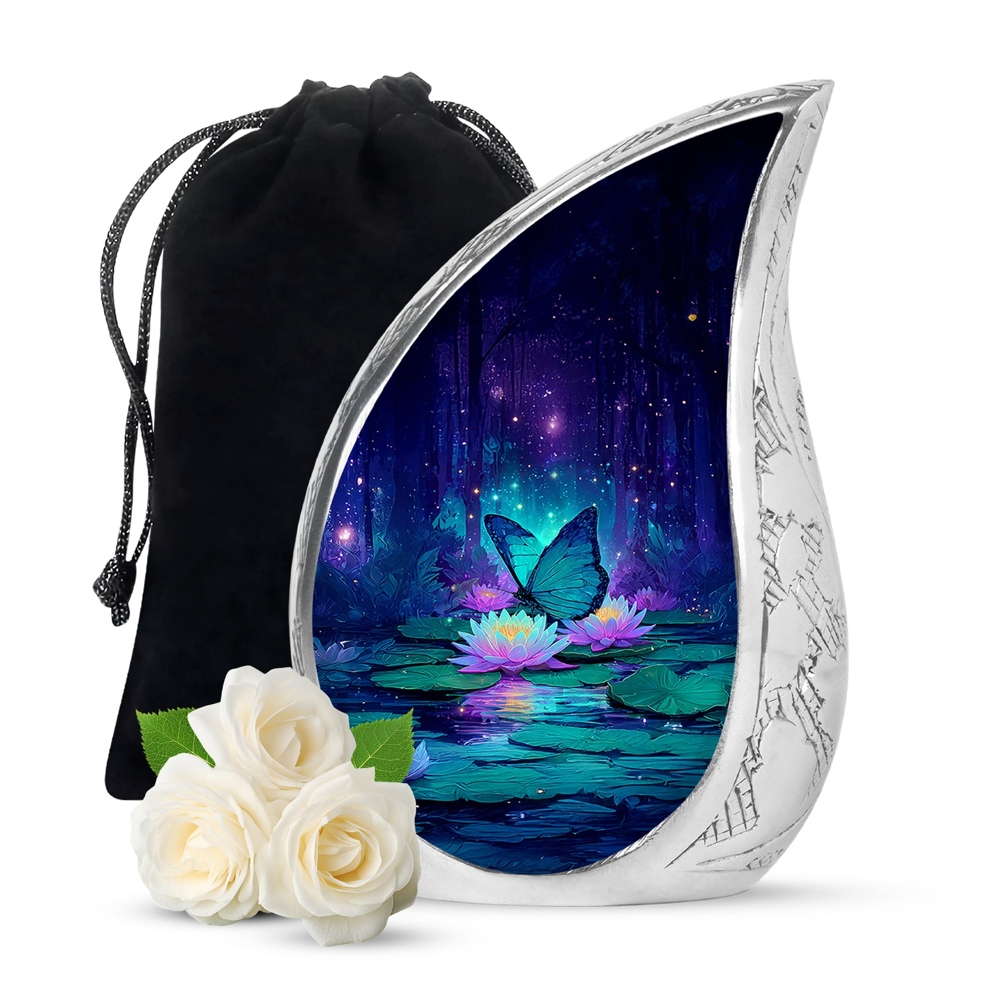 Azure Butterfly Cremation Urn front view showing detailed design - flowing teardrop butterfly silhouette on curved aluminum - full-size 10 inch 200 cubic inch adult cremation urn