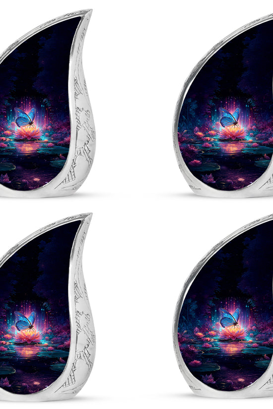 Sky Blue Butterfly Cremation Urn close-up of engraving and surface detail - rounded teardrop butterfly design with delicate detail - 10 inch aluminum urn for cremated remains