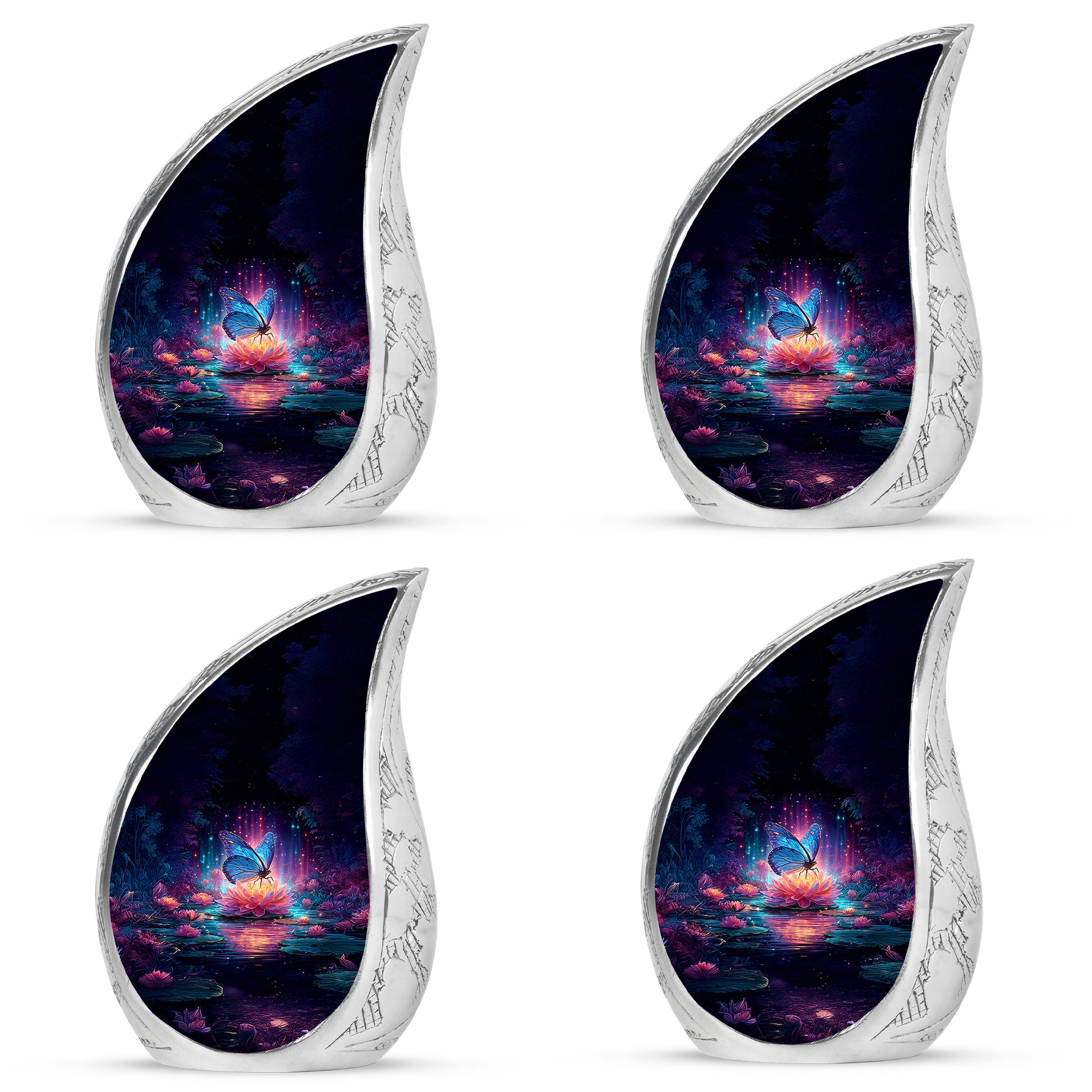 Sky Blue Butterfly Cremation Urn close-up of engraving and surface detail - rounded teardrop butterfly design with delicate detail - 10 inch aluminum urn for cremated remains