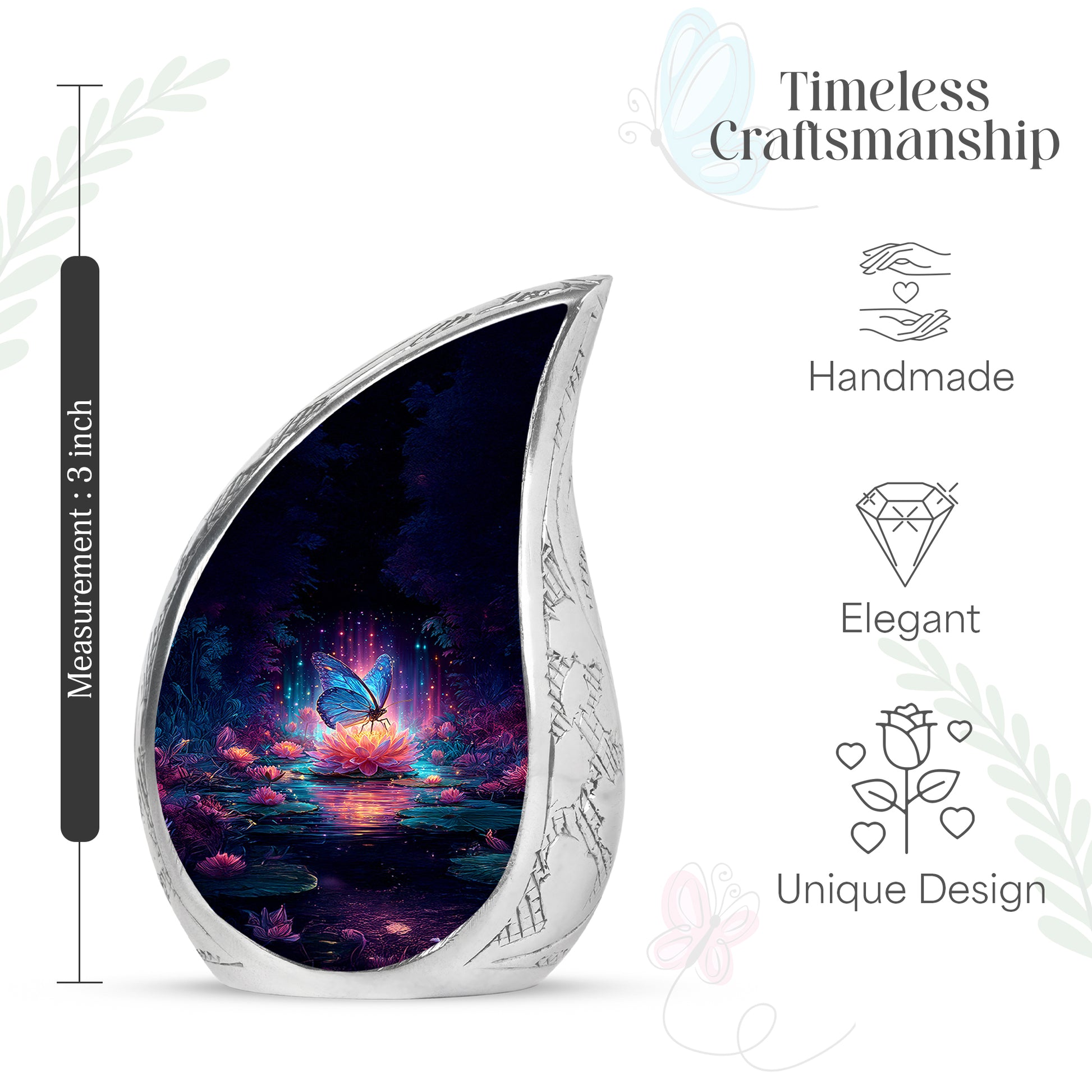 Sapphire Blue Butterfly Cremation Urn angled view of lid and engraved motif - graceful tear-shaped urn with butterfly motif - mini keepsake memorial for portion of cremation ashes
