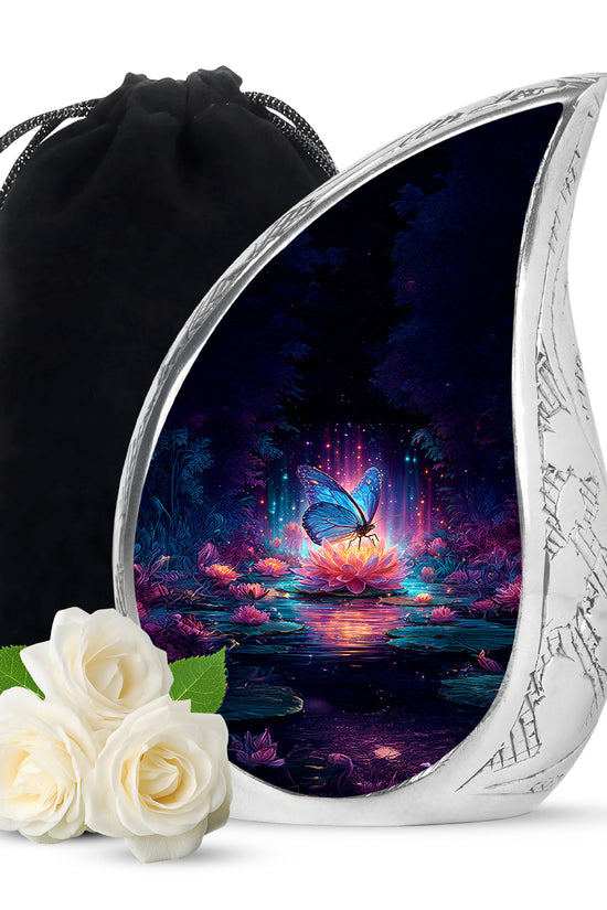 Serene Blue Butterfly Cremation Urn front view showing detailed design - smooth teardrop contour featuring butterfly art - full-size 10 inch 200 cubic inch adult cremation urn