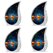 Indigo Butterfly Cremation Urn close-up of engraving and surface detail - rounded teardrop butterfly design with delicate detail - 10 inch aluminum urn for cremated remains