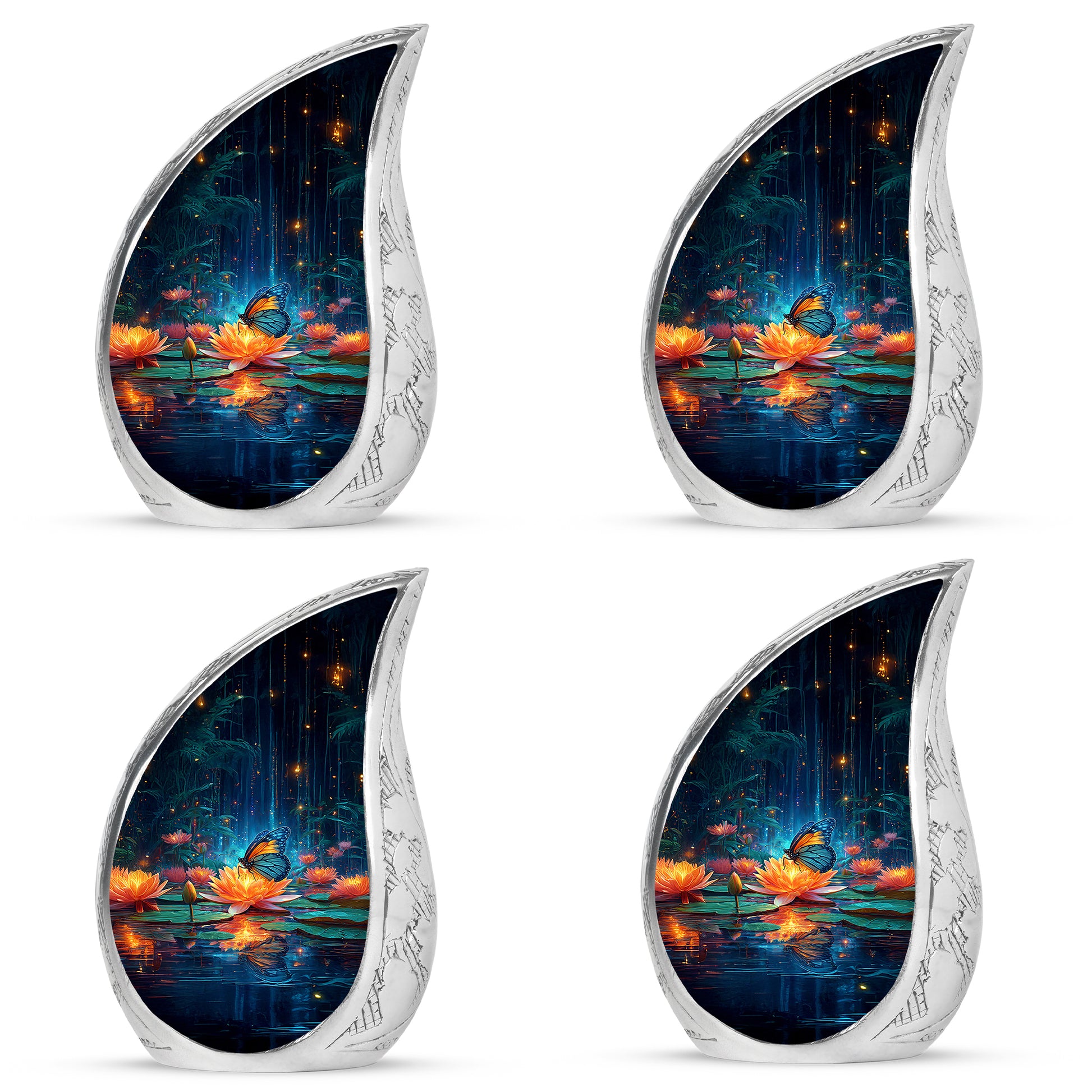 Indigo Butterfly Cremation Urn close-up of engraving and surface detail - rounded teardrop butterfly design with delicate detail - 10 inch aluminum urn for cremated remains