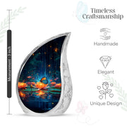 Dusty Blue Butterfly Cremation Urn angled view of lid and engraved motif - rounded teardrop butterfly design with delicate detail - mini keepsake memorial for portion of cremation ashes