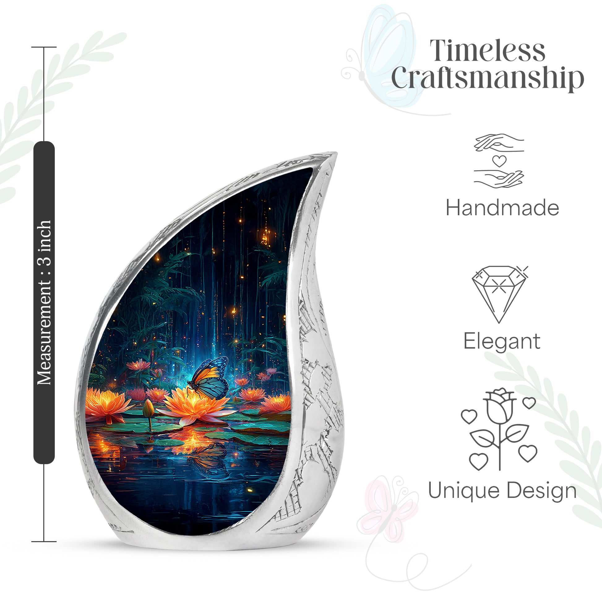 Dusty Blue Butterfly Cremation Urn angled view of lid and engraved motif - rounded teardrop butterfly design with delicate detail - mini keepsake memorial for portion of cremation ashes