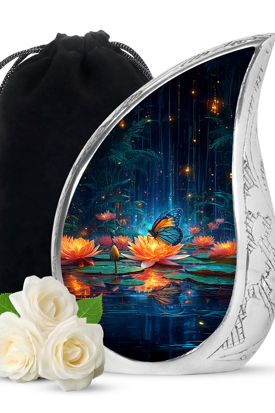 Cobalt Blue Butterfly Cremation Urn front view showing detailed design - smooth teardrop contour featuring butterfly art - full-size 10 inch 200 cubic inch adult cremation urn